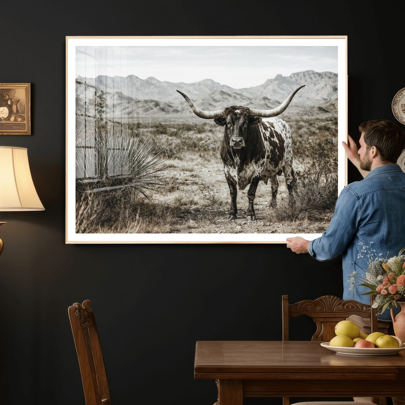 17622011H-MGV-CV-36X24 - Texas Longhorn Bull Wall Art Canvas Print, Western Farmhouse Cowboy Decor, Rustic Texas Ranch Cattle Artwork for Living Room Bedroom Office, Framed Wall Decor