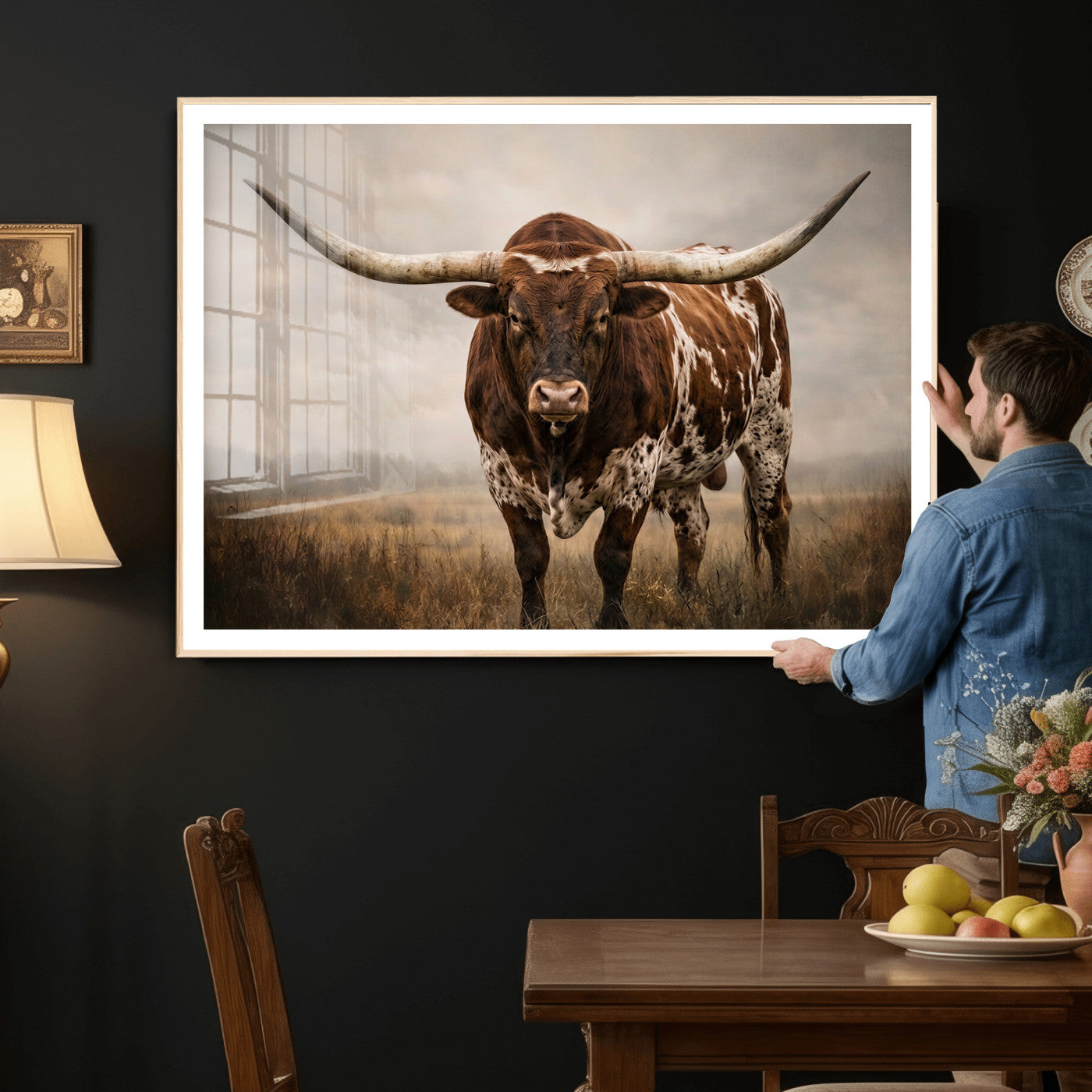 25239047-MGV-CV-36X24 - Texas Longhorn Canvas Wall Art Western Bull Desert Moody Grey Overcast Rustic Farmhouse Framed Large for Living Room Bedroom Office Decor