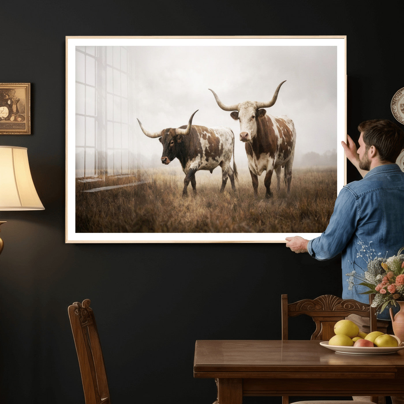 92881702-MGV-CV-36X24 - Texas Longhorn Canvas Wall Art Western Bull Desert Moody Grey Overcast Rustic Farmhouse Framed Large for Living Room Bedroom Office Decor