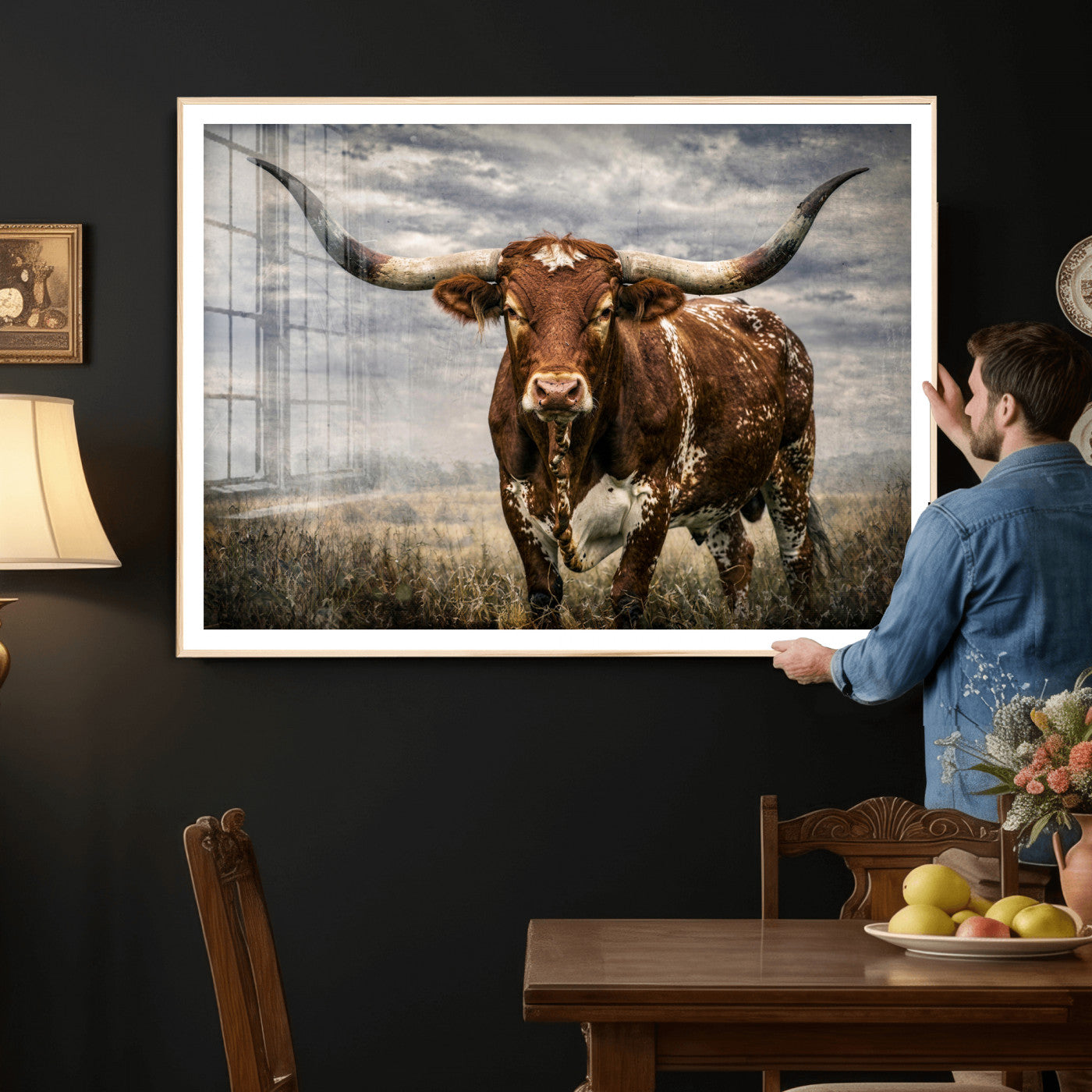 14372769-MGV-CV-36X24 - Texas Longhorn Canvas Wall Art Western Bull Desert Moody Grey Overcast Rustic Farmhouse Framed Large for Living Room Bedroom Office Decor