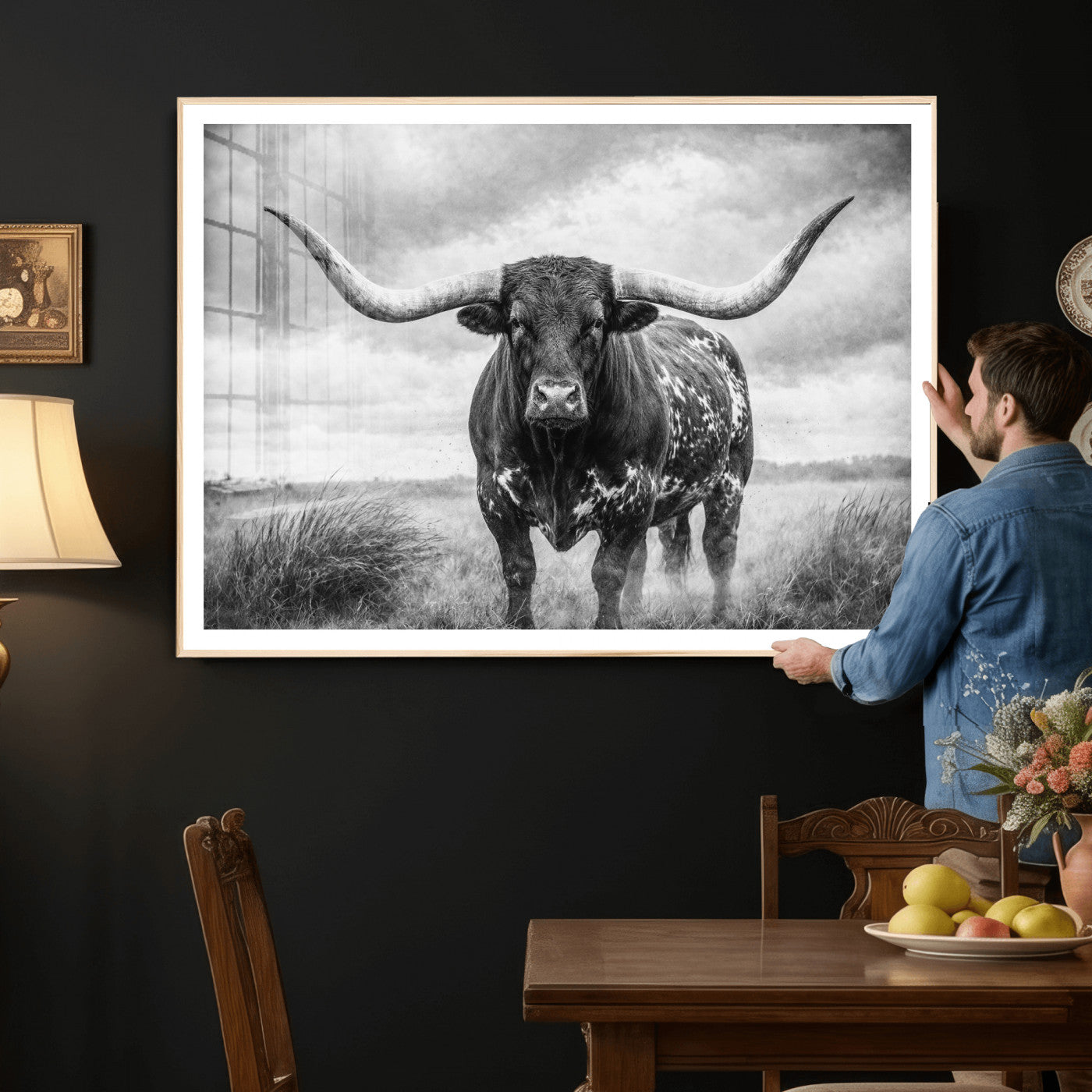 19951238-MGV-CV-36X24 - Texas Longhorn Canvas Wall Art Western Bull Desert Moody Grey Overcast Rustic Farmhouse Framed Large for Living Room Bedroom Office Decor