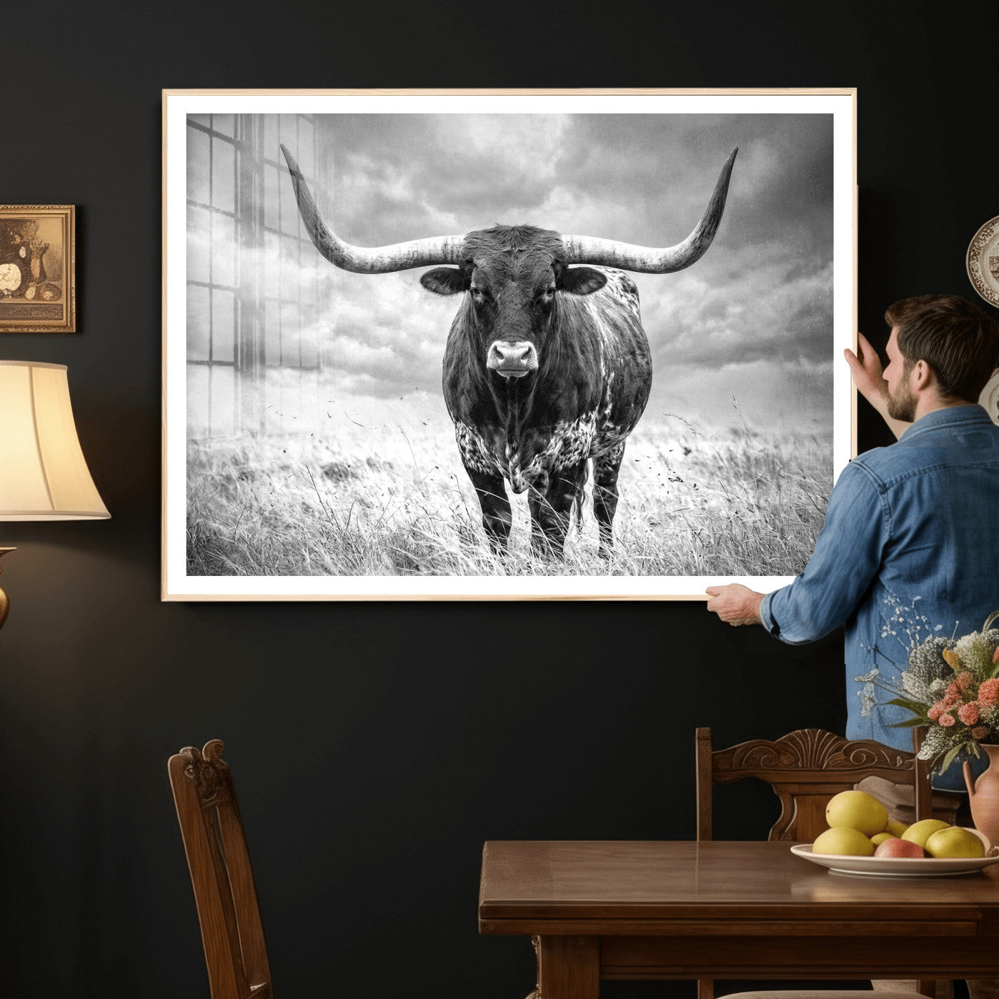 63336115-MGV-CV-36X24 - Texas Longhorn Canvas Wall Art Western Bull Desert Moody Grey Overcast Rustic Farmhouse Framed Large for Living Room Bedroom Office Decor