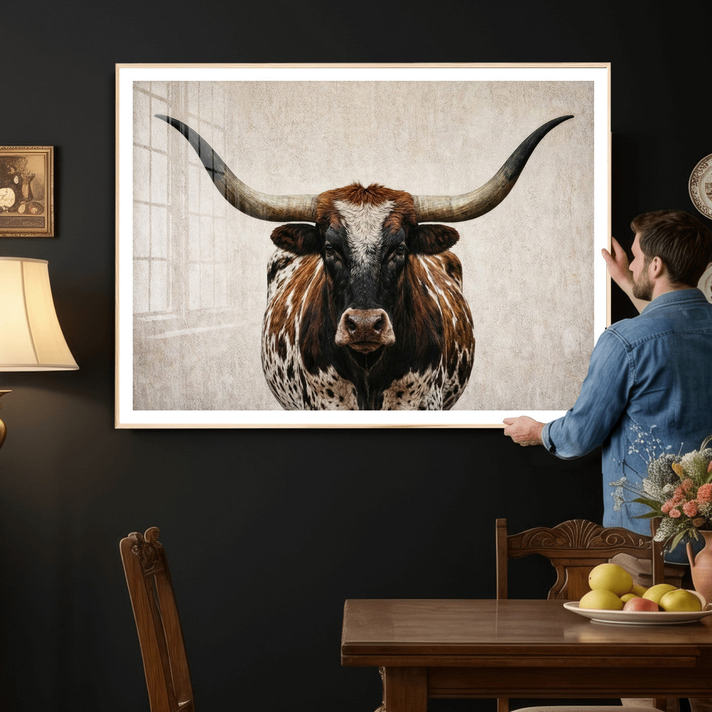 58622065-MGV-CV-36X24 - Texas Longhorn Canvas Wall Art Western Bull Desert Moody Grey Overcast Rustic Farmhouse Framed Large for Living Room Bedroom Office Decor