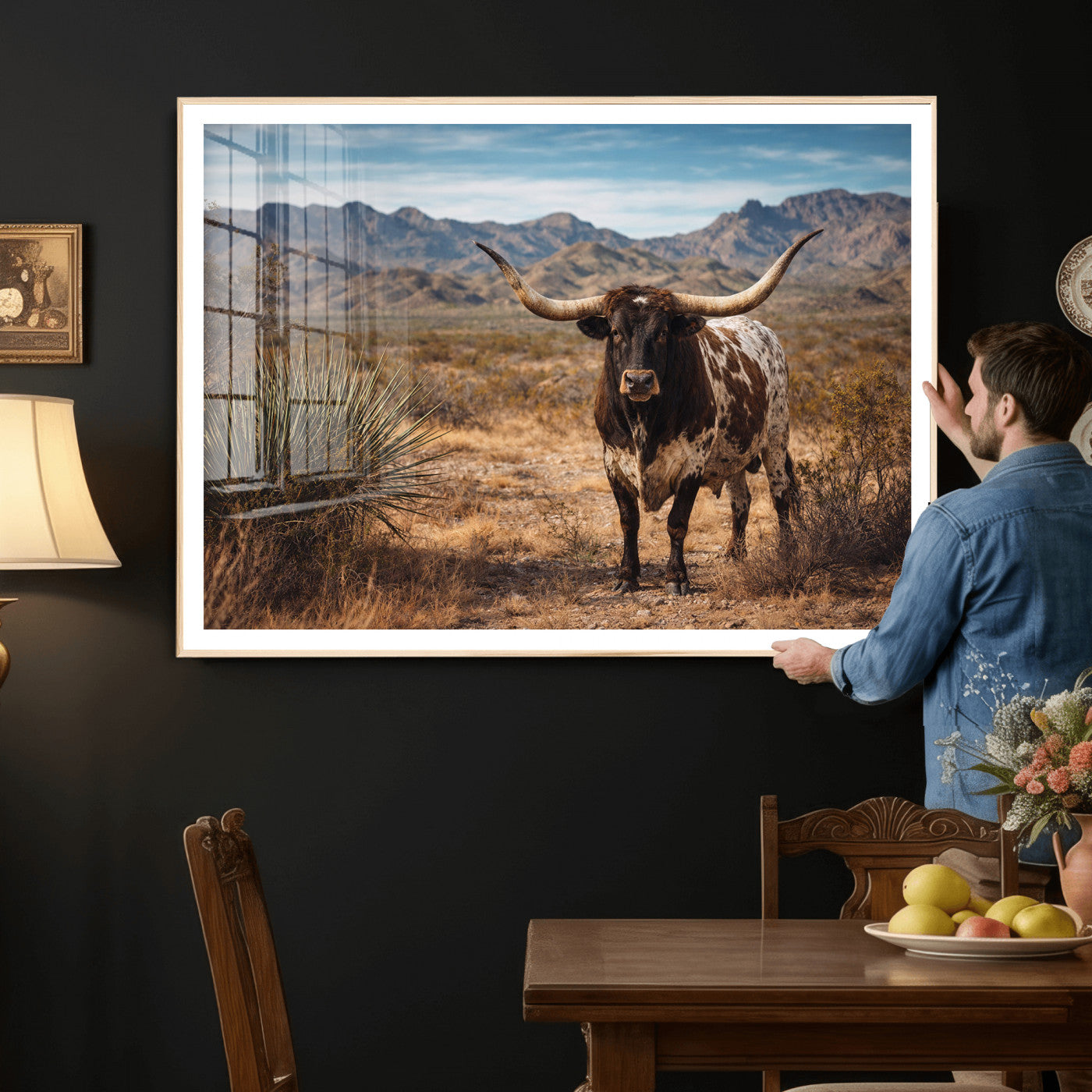 26448918-MGV-CV-36X24 - Texas Longhorn Canvas Wall Art Western Bull Desert Moody Grey Overcast Rustic Farmhouse Framed Large for Living Room Bedroom Office Decor