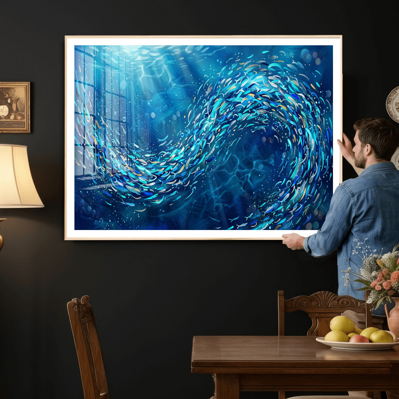 54535639-MGV-CV-36X24 - School of Fish Canvas Print | Blue Ocean Underwater Wall Art | Swirling Fish Shoal Illustration | Marine Navy Coastal Decor