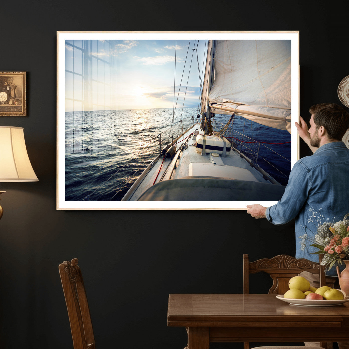 76381335-MGV-CV-36X24 - Sailboat Wall Art Canvas Print, Ocean Sunset Sailing Framed Artwork, Coastal Nautical Seascape Decor for Living Room Office Beach House