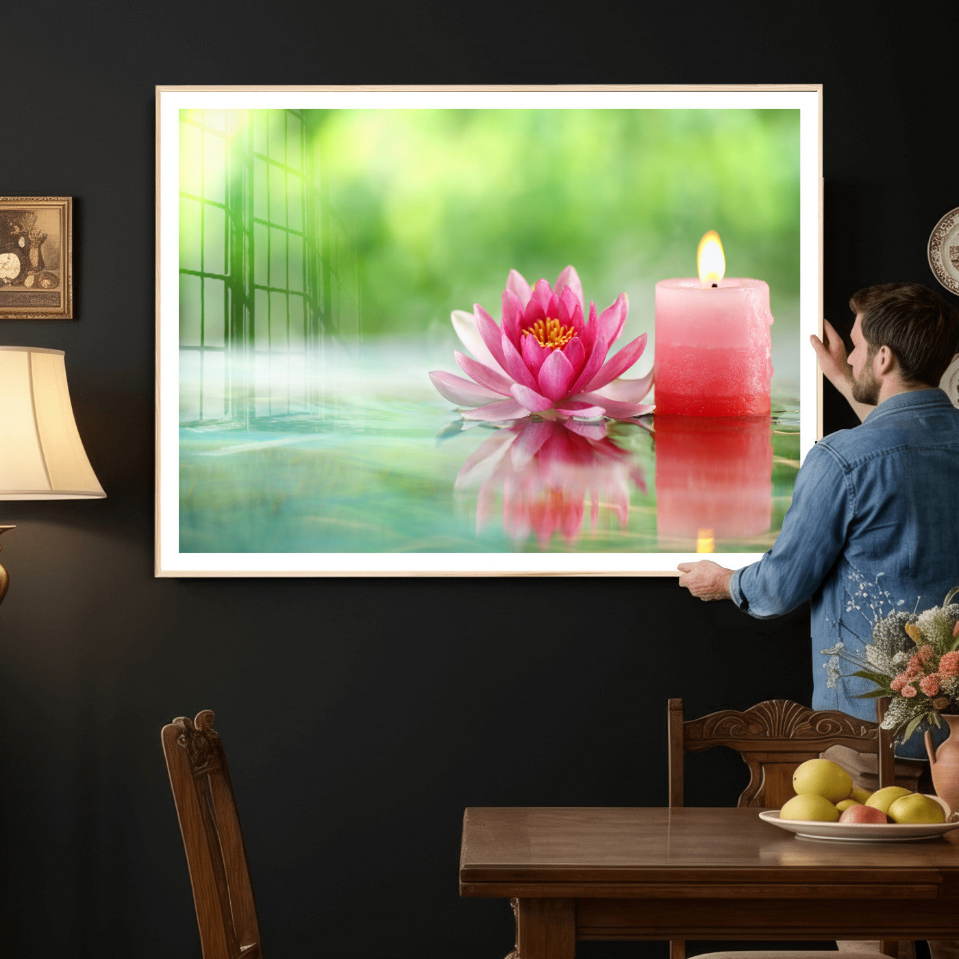 17661715-MGV-CV-36X24 - Zen Lotus Candle Canvas Wall Art Pink Spa Meditation Relaxation Green Bokeh Framed Large for Bathroom Bedroom Living Room Office Decor