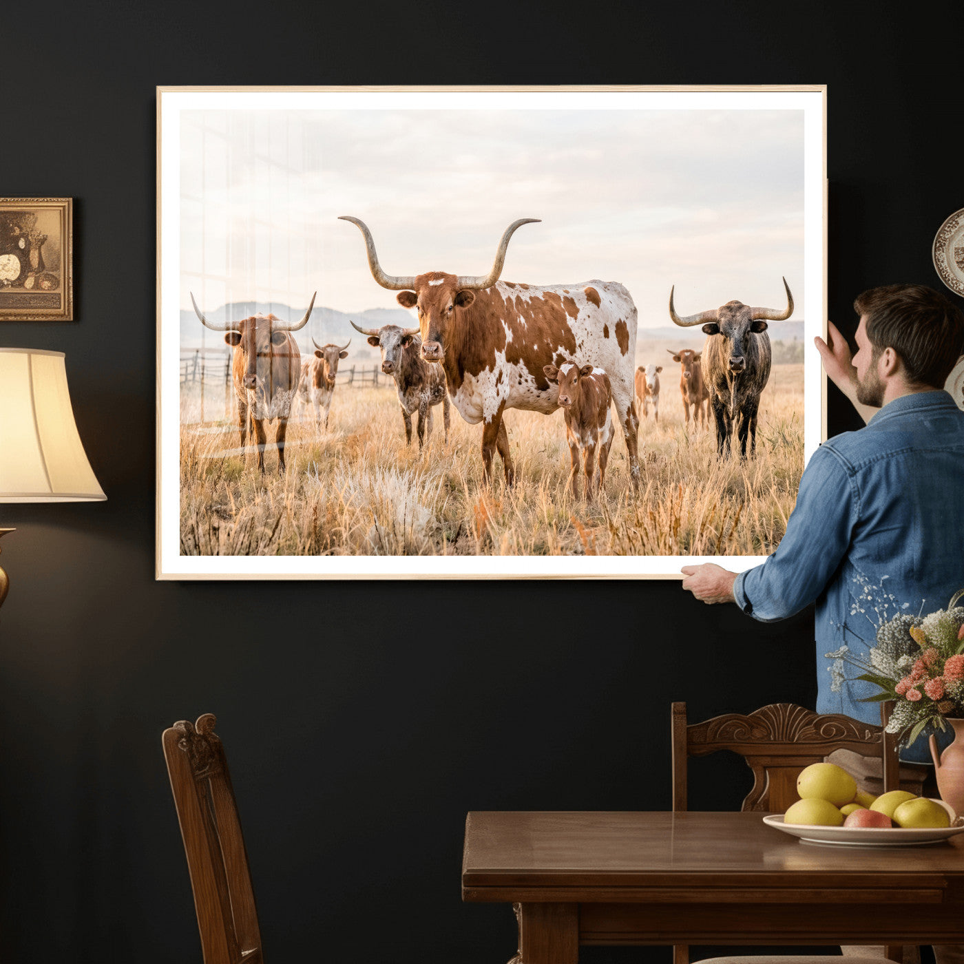 62336425AC-MGV-CV-36X24 - Texas Longhorn Canvas Wall Art, Rustic Farm Animal Photography Print, Farmhouse Country Decor, Western Ranch Art