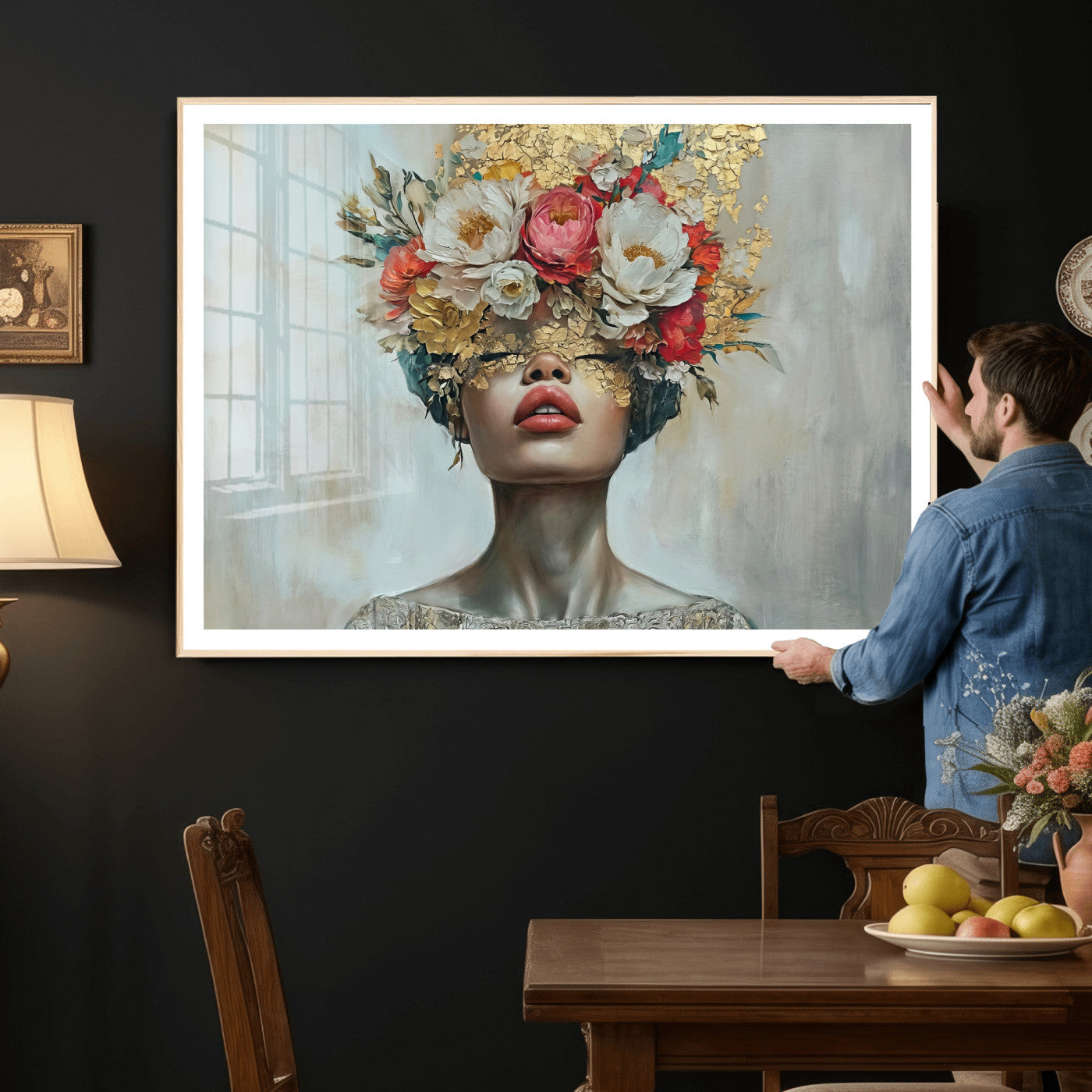 26919-MGV-CV-36X24 - Golden Petal Wall Art Canvas Print - Silhouette Woman Wall Art Canvas Print, Floral Woman Portrait