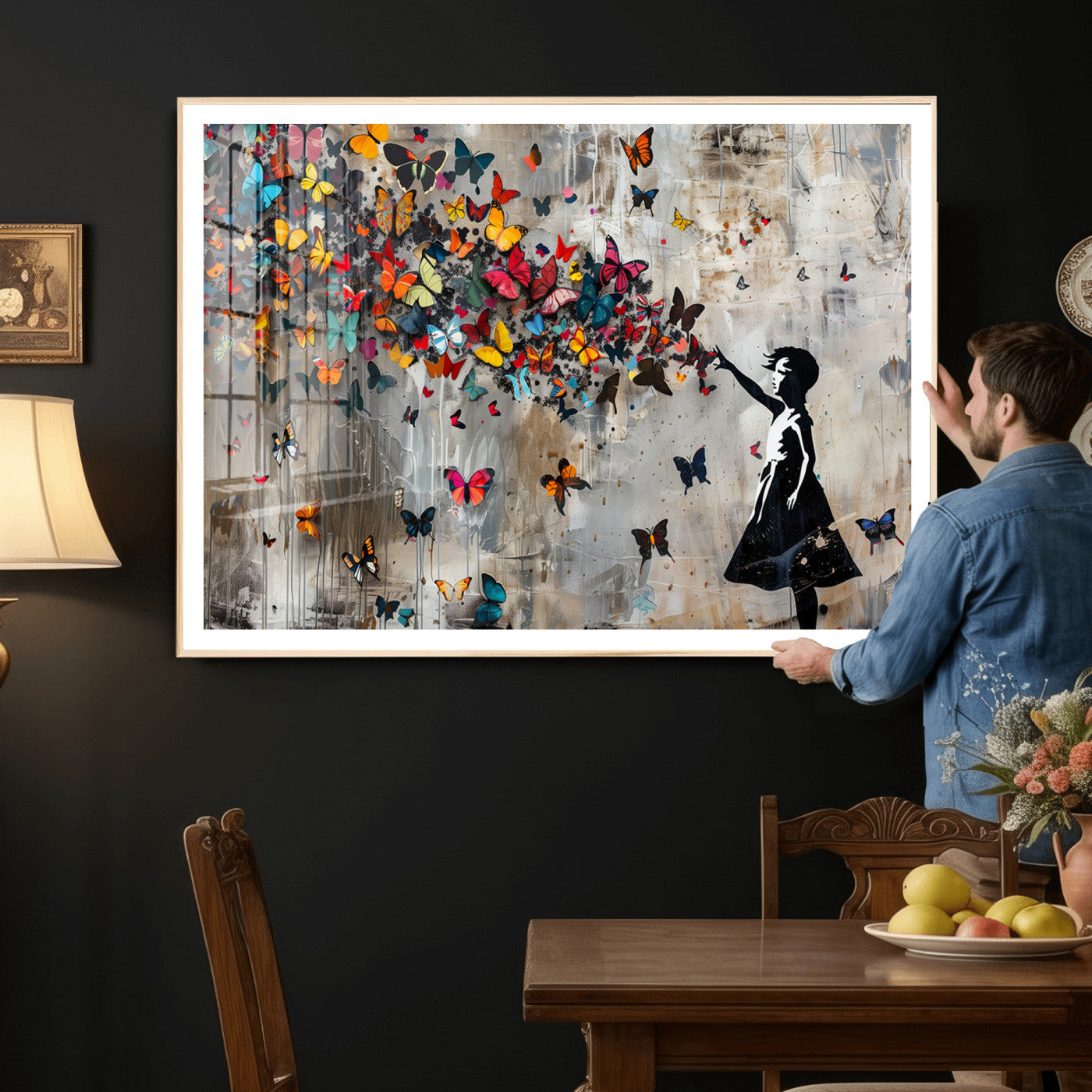 40269-MGV-CV-36X24 - Banksy Wall Art - Banksy Girl and Butterfly Explosion Wall Art Canvas Print | Girl with Butterflies