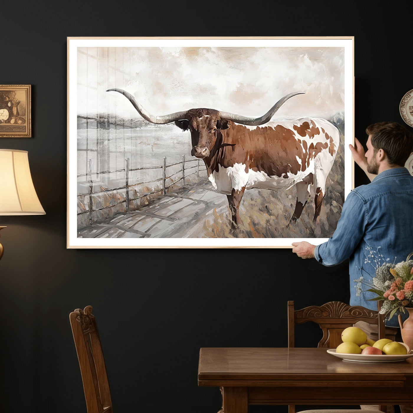 57340-MGV-CV-36X24 - Vintage Texas Cow Wall Art Canvas Print, Rustic Longhorn Wall Art | Canvas Print for Farmhouse Decor