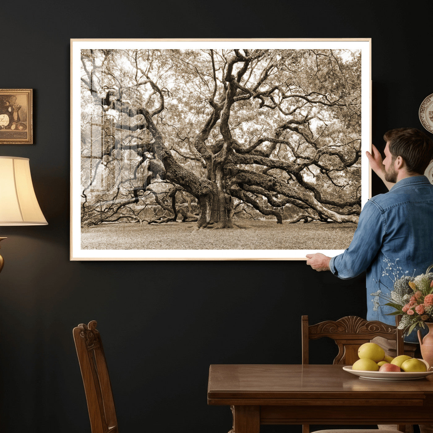 51126-MGV-CV-36X24 - Sepia Framed Angel Oak Tree Wall Art - 3-Panel Canvas Prints, Large Green Nature Artwork, Ready to