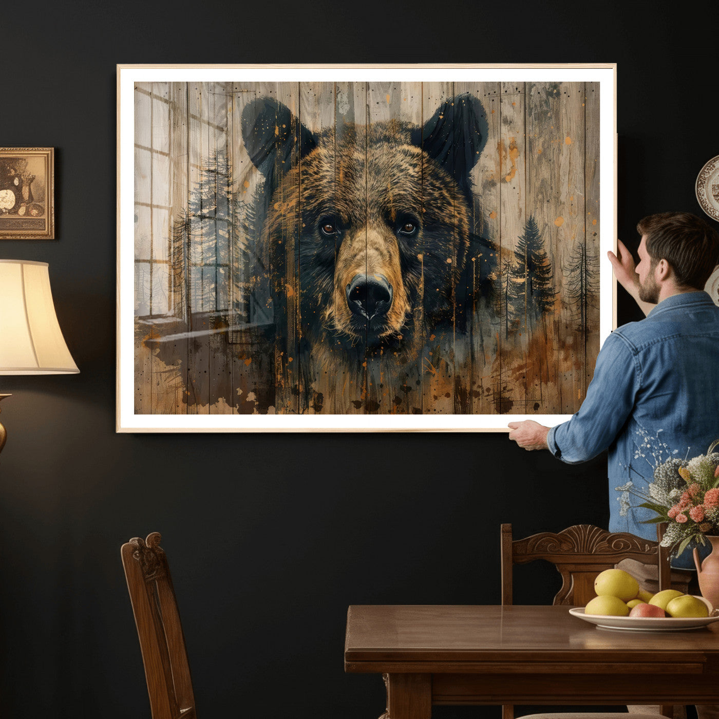 51373-MGV-CV-36X24 - Abstract 399 Bear Wall Art | Rustic Cabin Wall Decor with Forest Design for Farmhouse Wall Decor