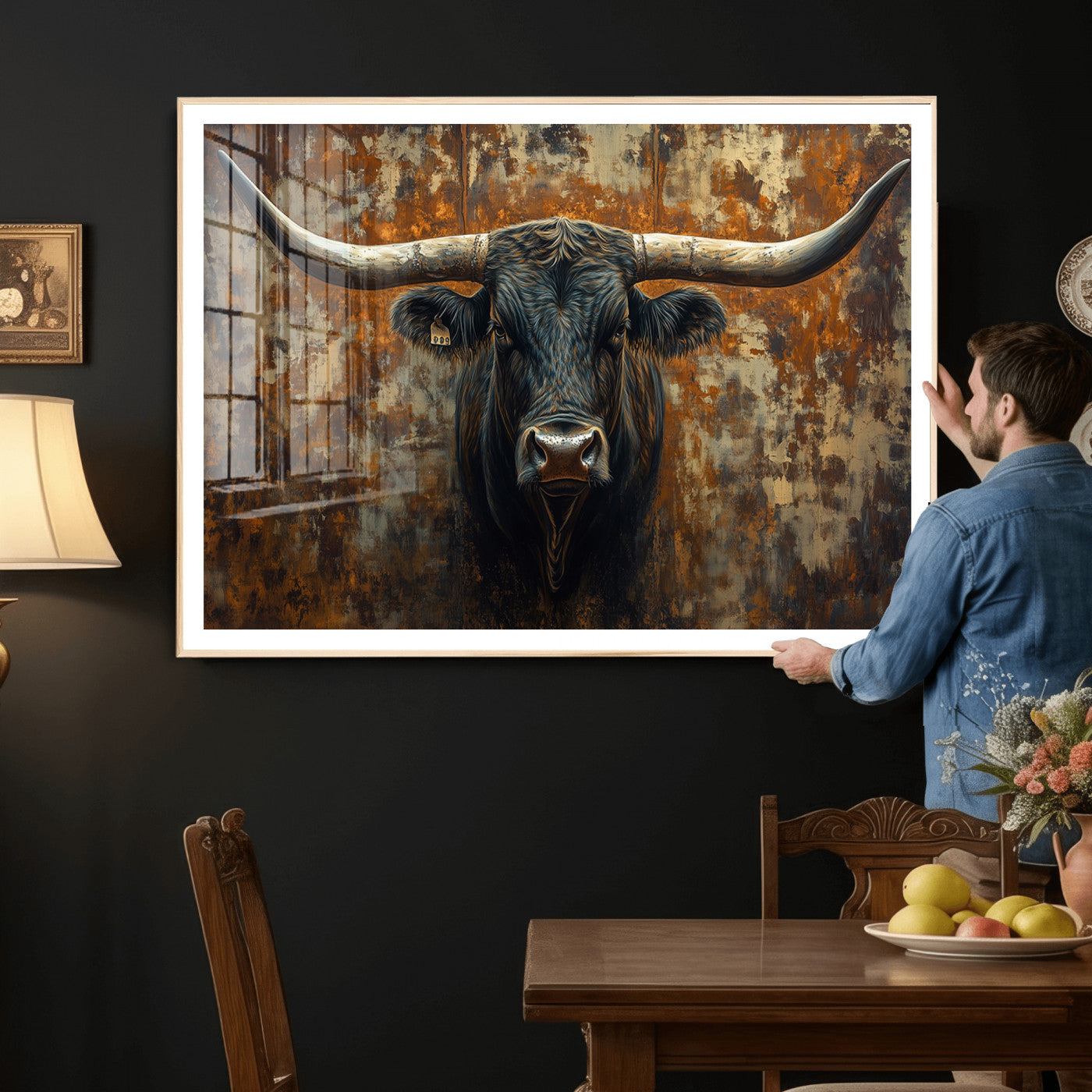 68068-MGV-CV-36X24 - Longhorn Texas Cow Bull Wall Art | Rustic Farmhouse Canvas Print | Ready to Hang Barn Decor for