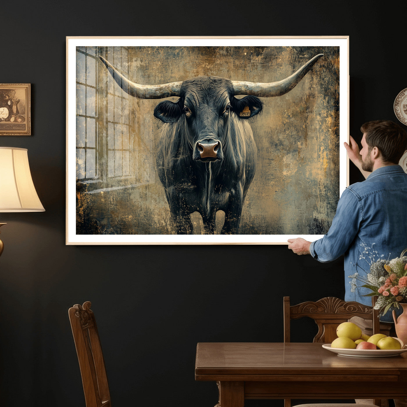 57385-MGV-CV-36X24 - Longhorn Bull Wall Art Canvas Print, Framed Rustic Cow Art Picture Print, Texas Longhorn Perfect Western Decor Artwork
