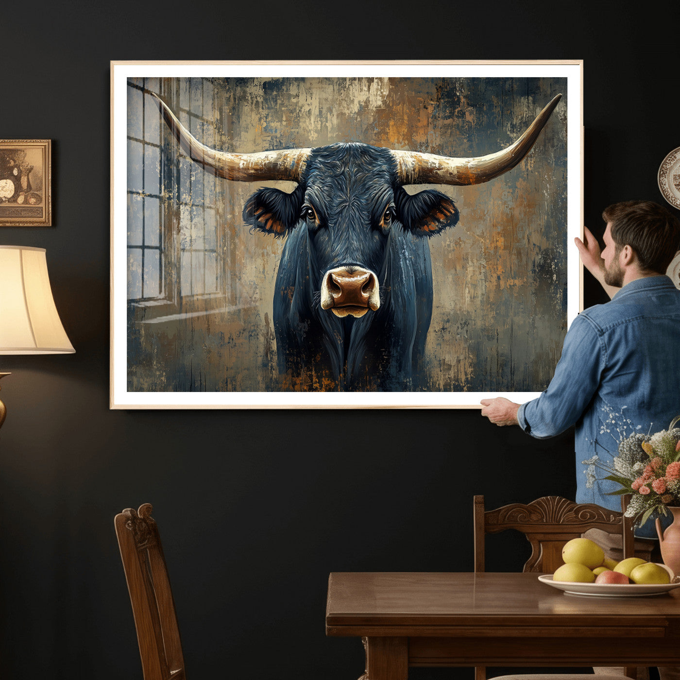 42026-MGV-CV-36X24 - Texas Western Wall Art Canvas Print - Abstract Cow Longhorn Bull Wall Art Canvas Print - Rustic Cow
