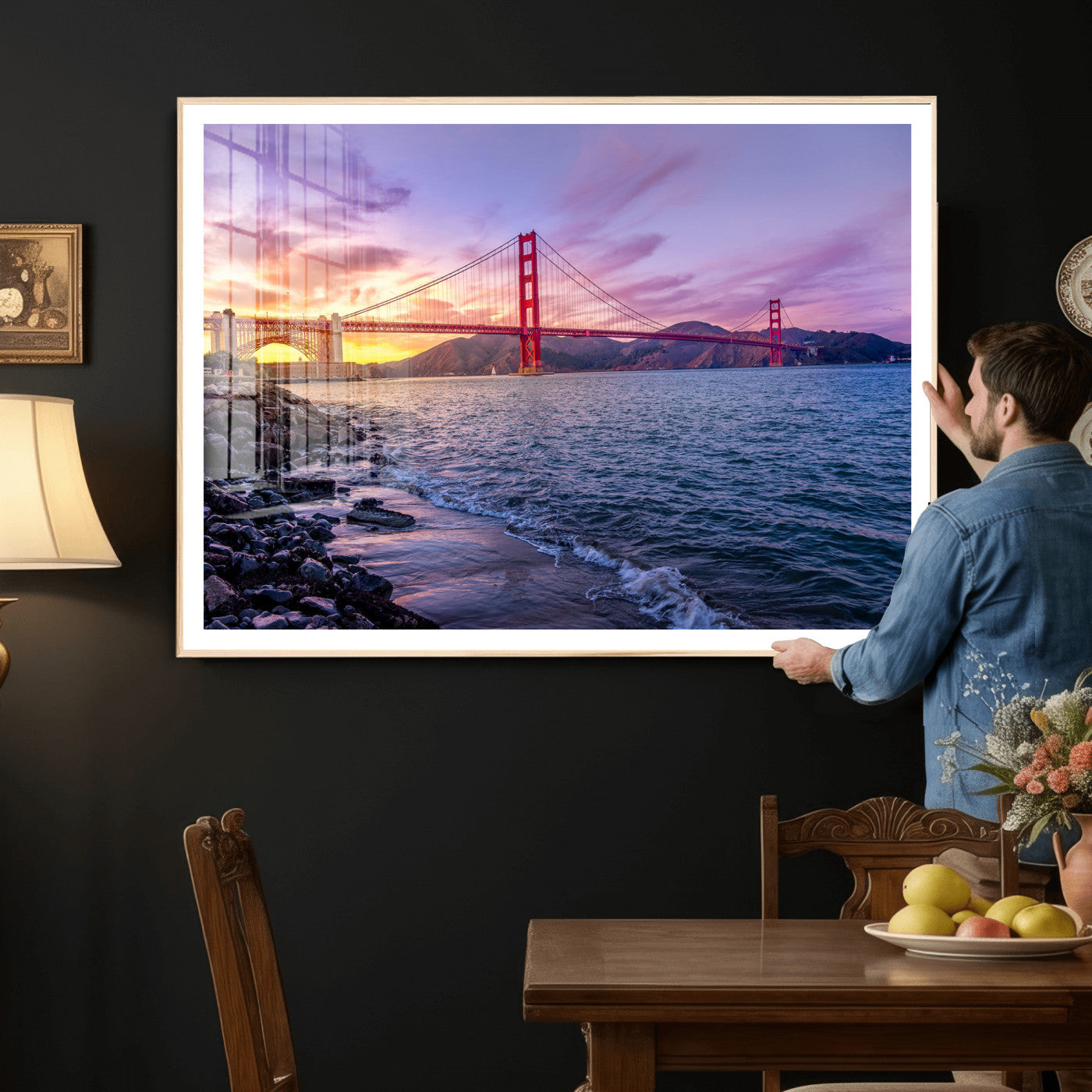 24256-MGV-CV-36X24 - Golden Gate Bridge Wall Art Print, San Francisco Sunset Canvas Wall Art, Cityscape Canvas Print for