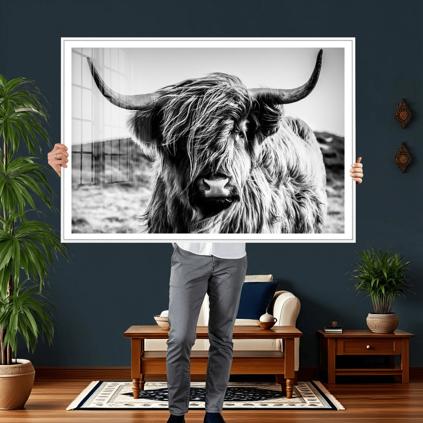 54309-MGV-CV-36X24 - Black and White Scottish Cow Canvas Wall Art Highland Cattle Canvas Print Framed Ready to Hang Original Cotton Canvas High Quality Image Multi Panel Wall Art Printable Artwork for Walls
