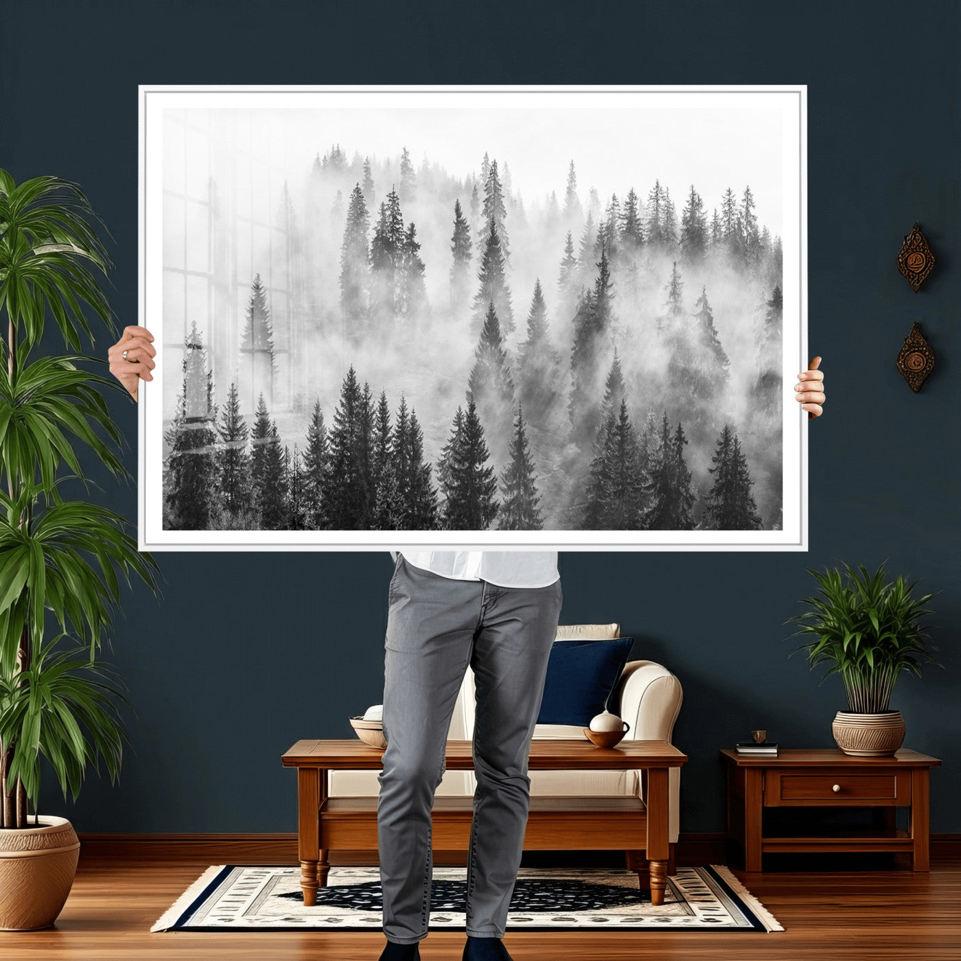 10422-MGV-CV-36X24 - Forest Wall Art Print | Foggy Pine Forest Canvas Wall Art - Black and White Nature Decor for Living