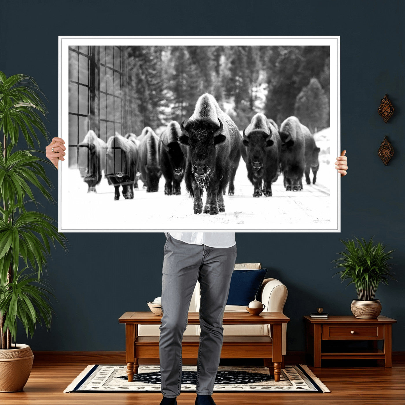 62434-MGV-CV-36X24 - Bison Herd in Snow Wall Art Canvas Print | Rustic Western Bison Wall Art for Decor for Living Room,