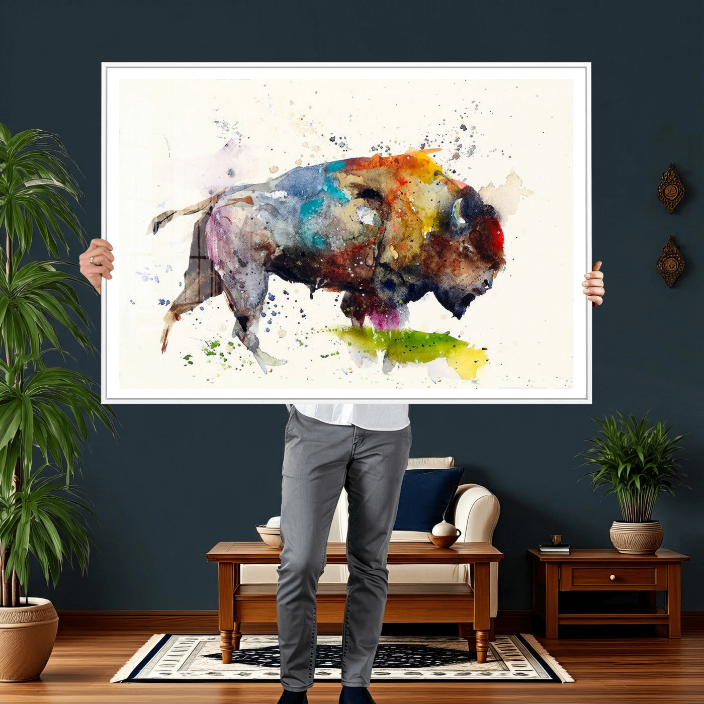 44504-MGV-CV-36X24 - Abstract Buffalo Wall Art, Western Watercolor Bison Canvas Print, Rustic Buffalo Art for Cowboy and