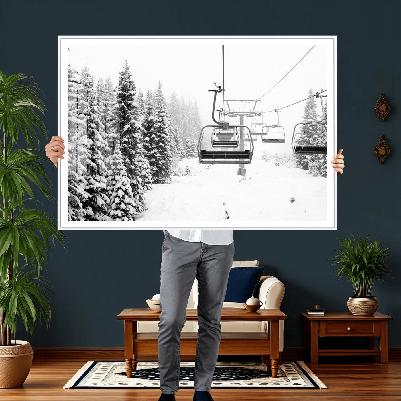 70609-MGV-CV-36X24 - Ski Wall Art - Ski Lift Wall Art Canvas Print Snow Covered Spruce Trees Winter Wall Art Ski Skier