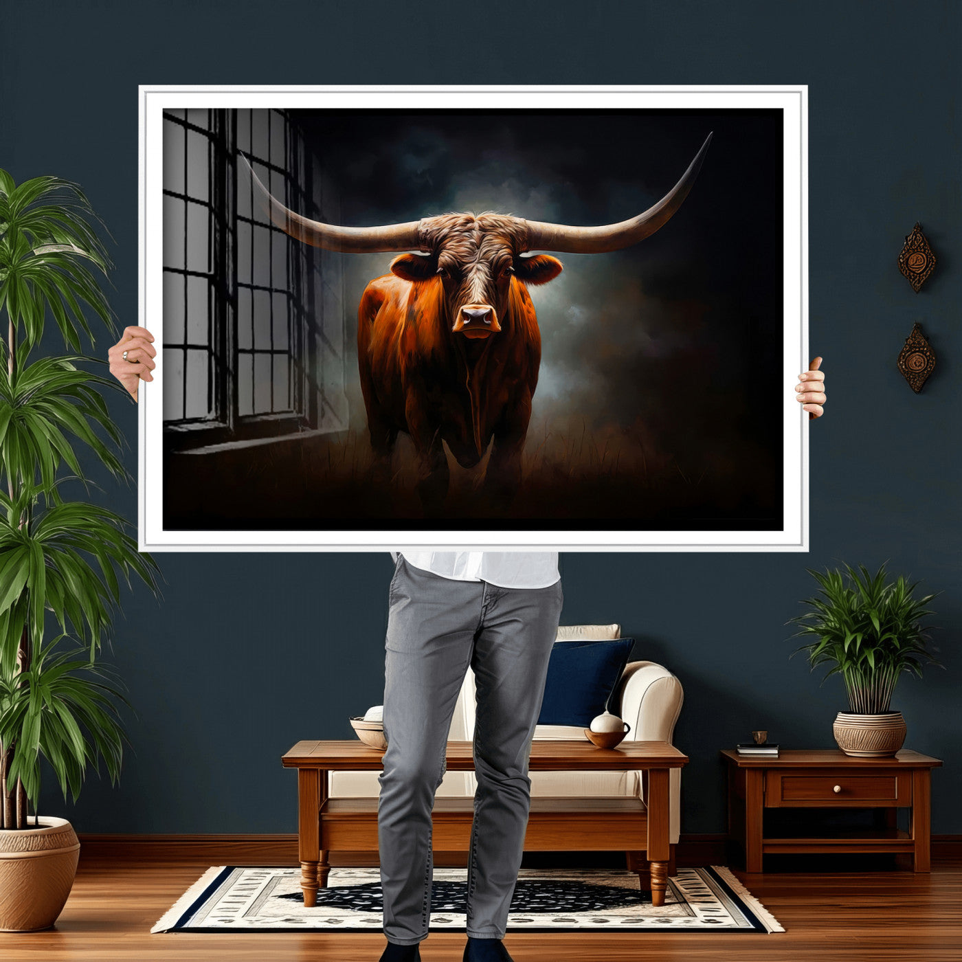48896-MGV-CV-36X24 - Abstract Texas Longhorn Wall Art Print | 3-Panel Large Texas Longhorn Canvas Print for Living Room,