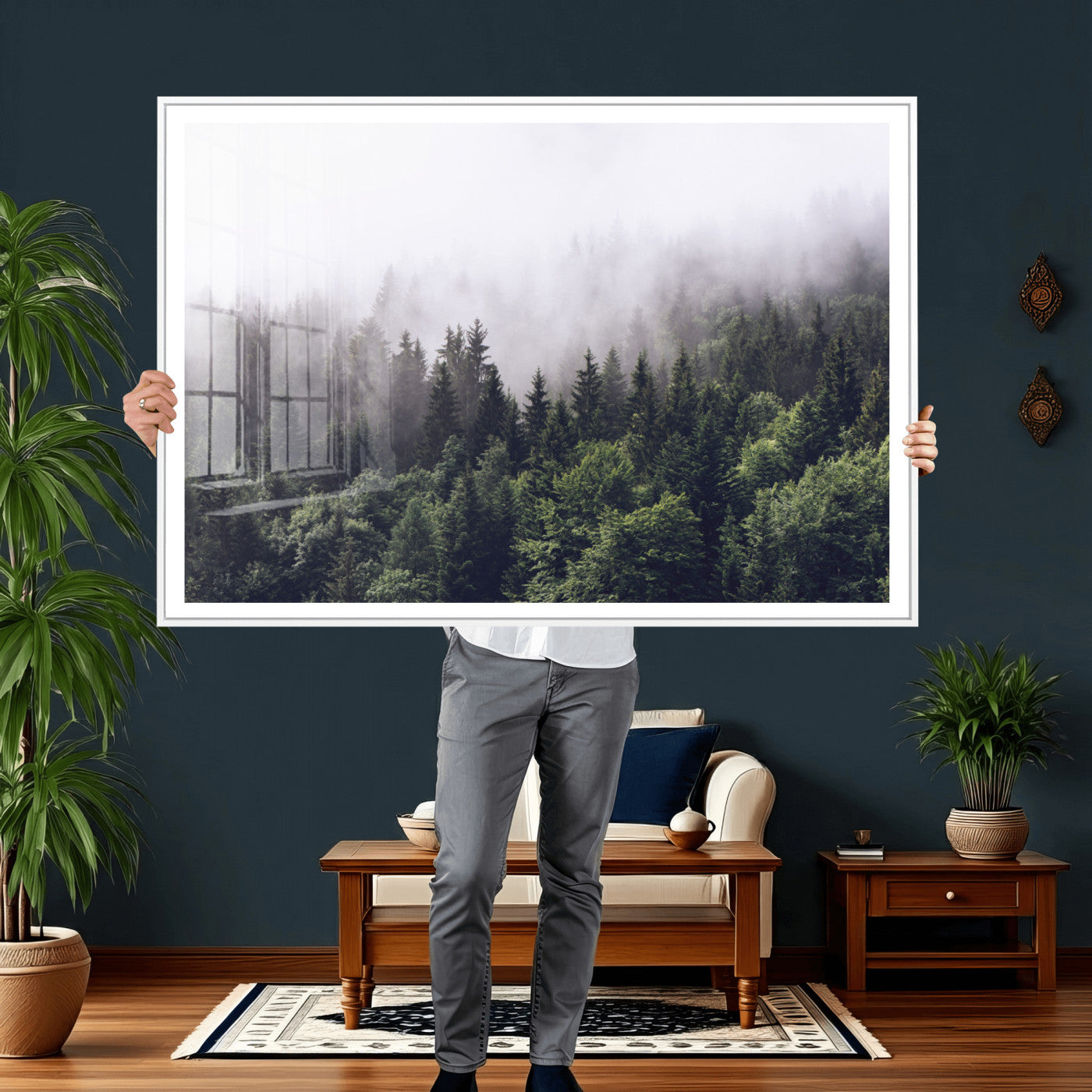 42578900-MGV-CV-36X24 - Misty Forest Wall Art | Foggy Forest Canvas Print | Large Nature-Inspired Misty Tree Landscape for
