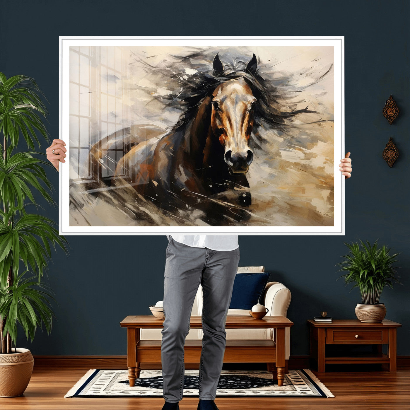 53001-MGV-CV-36X24 - Abstract Wall Art Horse Print - Large Western Horse Canvas - Farmhouse Woodland Wall Art - Framed