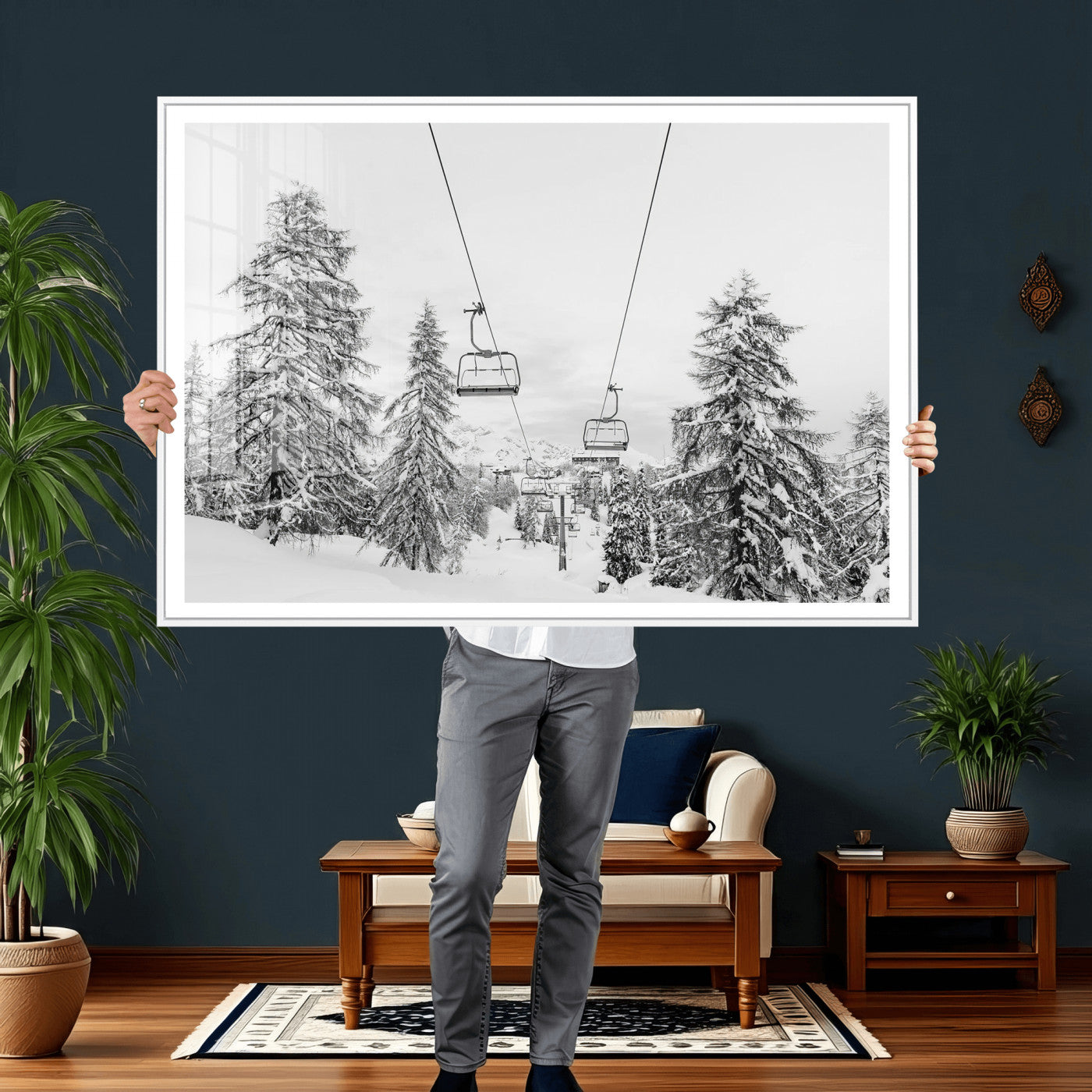 55003599-MGV-CV-36X24 - Snowy Ski Lift Wall Art – Framed Winter Forest Canvas Artwork, Peaceful Mountain Design, Modern Nature Decor for Home, Office