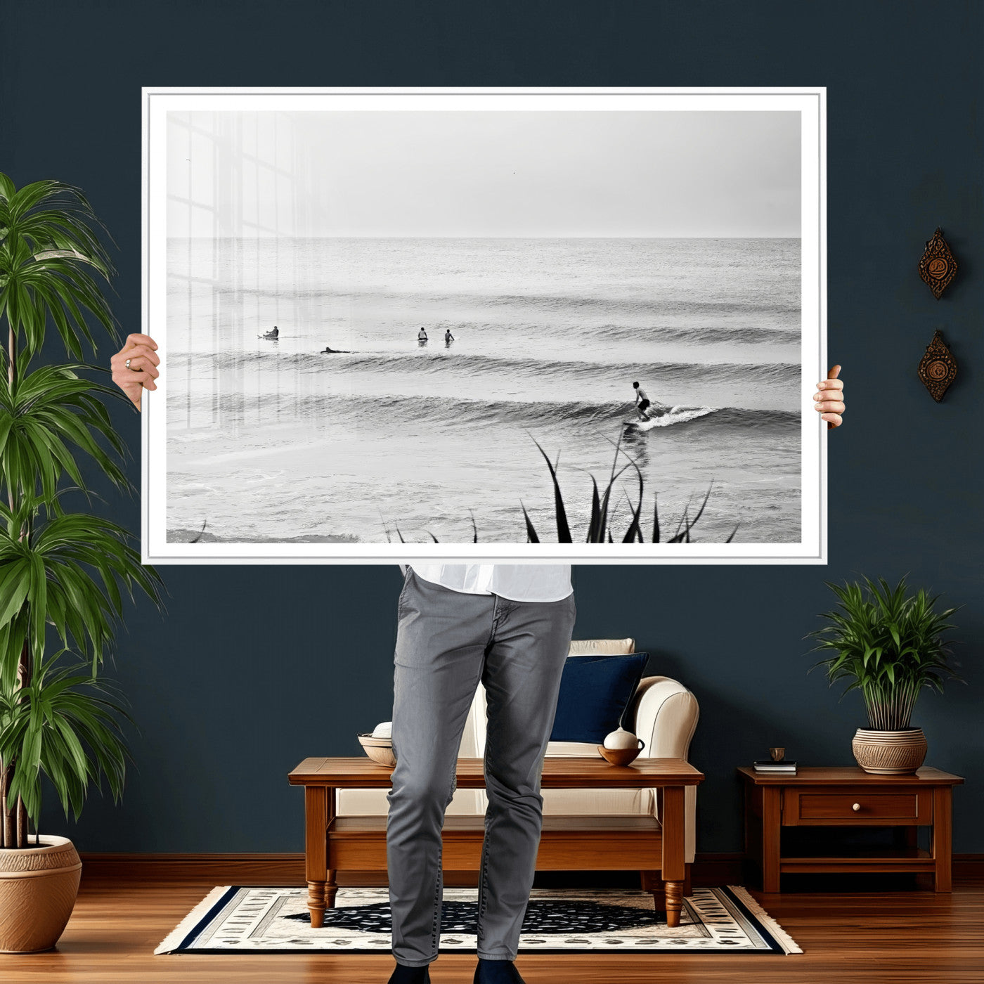 33821421-MGV-CV-36X24 - Surfer Silhouette Wall Art Canvas Print, Framed Calm Ocean Art Picture Print, Monochrome Surf Minimalist Coastal Decor Artwor