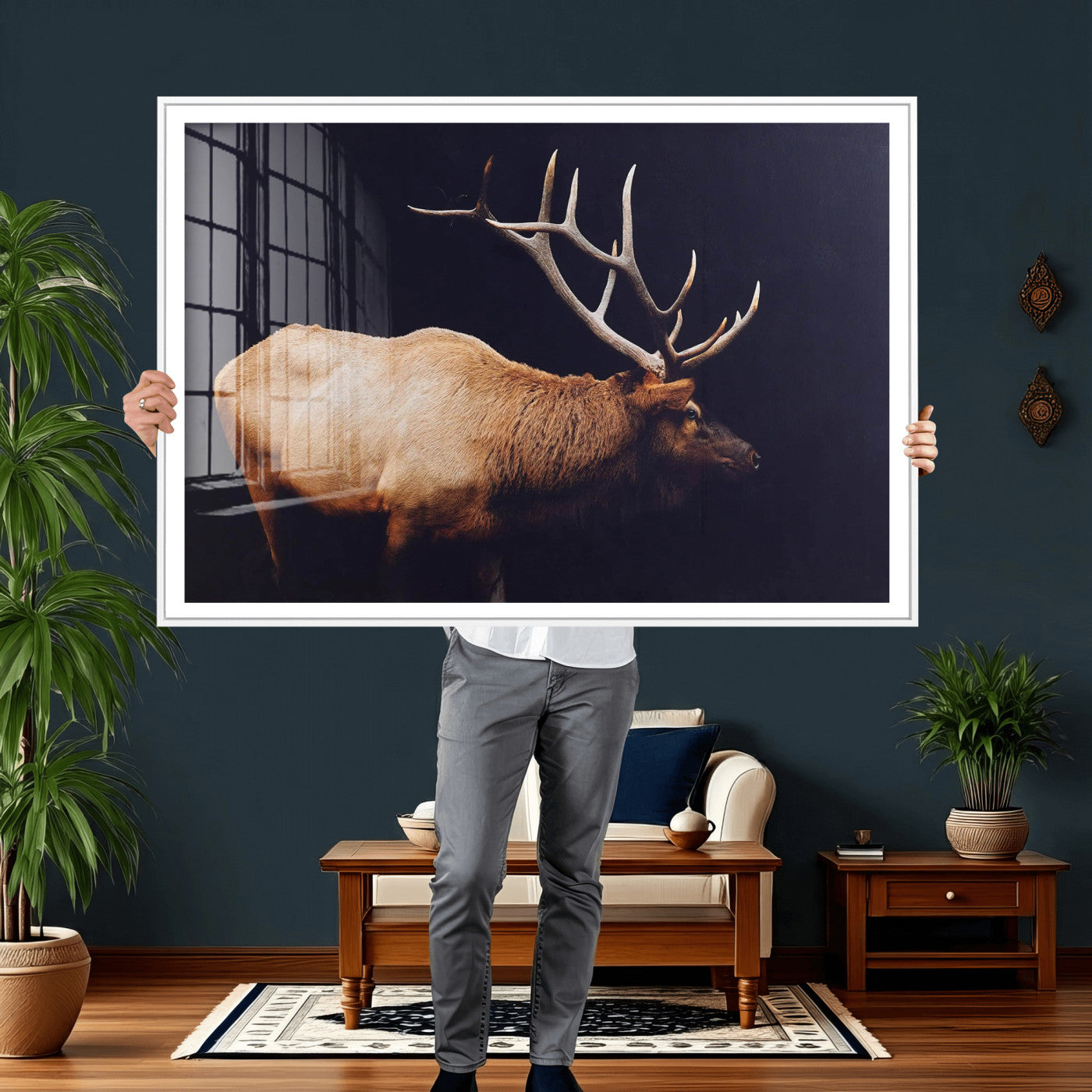 89239257-MGV-CV-36X24 - Rustic Elk Wall Art Canvas Print – Framed Moody Wildlife Art Picture Western Animal Artwork for Home, Office Decor