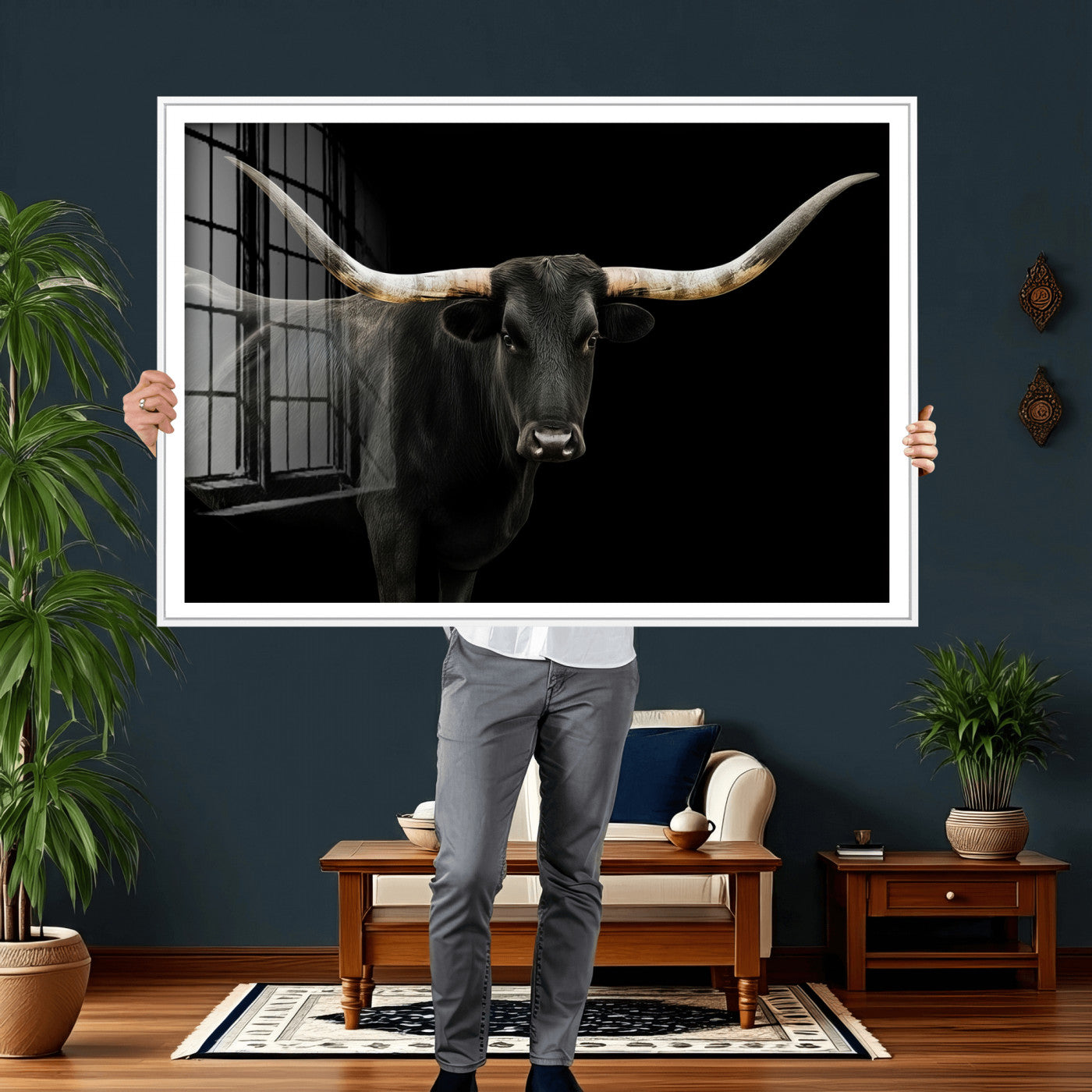 23572907-MGV-CV-36X24 - Texas Longhorn Wall Art Canvas Print, Framed Rustic Western Art Picture Print, Farmhouse Animal Perfect Modern Western Minimalist Decor Artwork