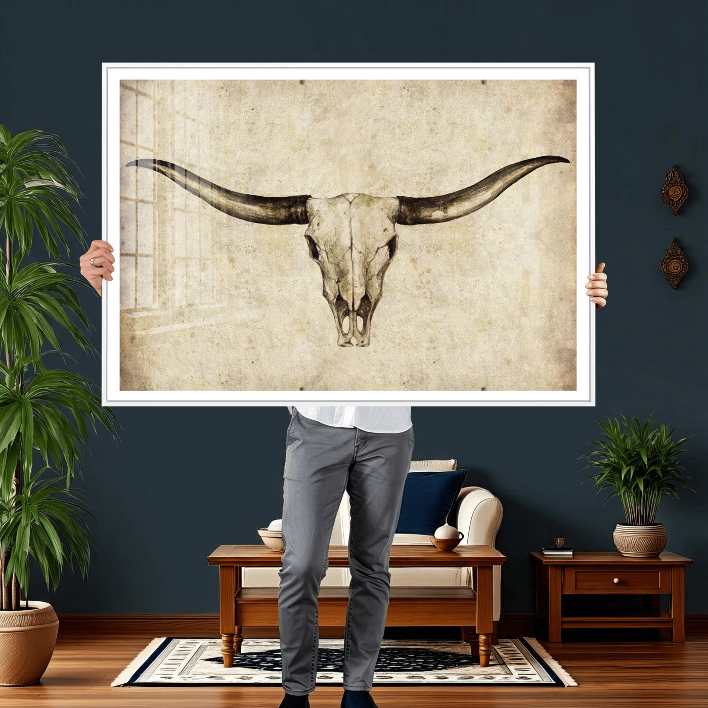 42788678-MGV-CV-36X24 - Longhorn Skull Wall Art Canvas Print – Rustic Western Artwork Print for Living Room Wall Decor