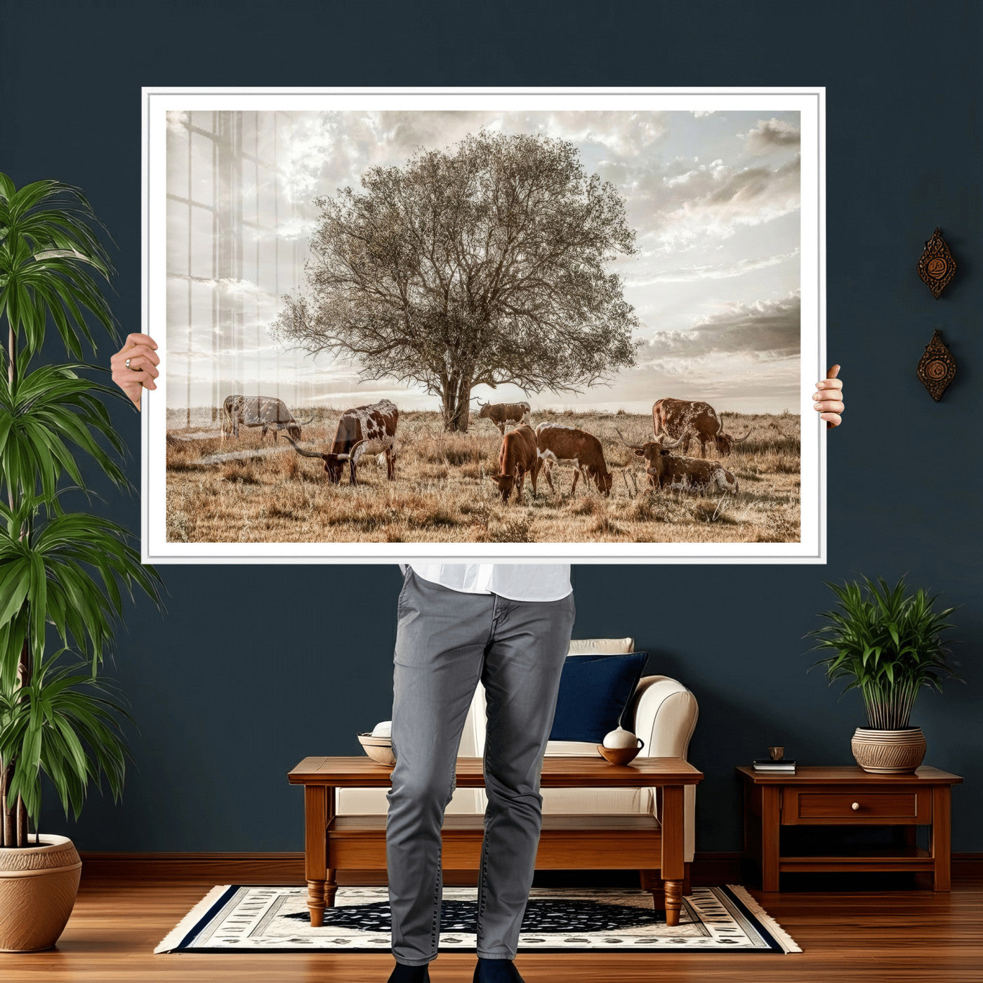 87590224-MGV-CV-36X24 - Texas Longhorn Cattle Wall Art Canvas Print – Rustic Western Ranch Scene with Steers at Sunset, Perfect for Farmhouse or Cowboy Decor