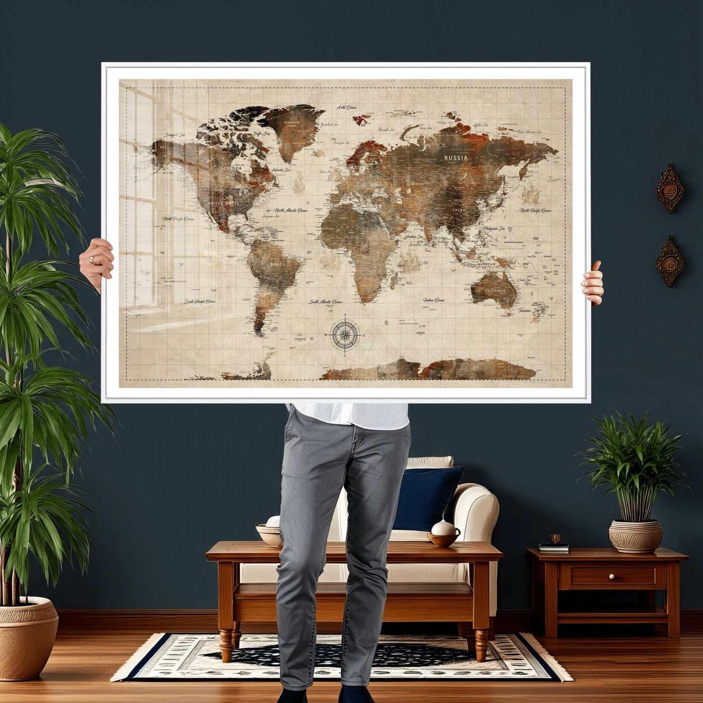 23610090-MGV-CV-36X24 - World Map Wall Art Canvas Print, Modern Decorative Framed Map Artwork Prints for Living Room, Office, Bedroom Wall Decor