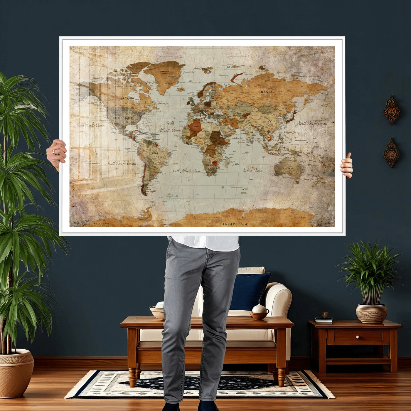 74176056-MGV-CV-36X24 - World Map Wall Art Canvas Print, Modern Decorative Framed Map Artwork Prints for Living Room, Office, Bedroom Wall Decor