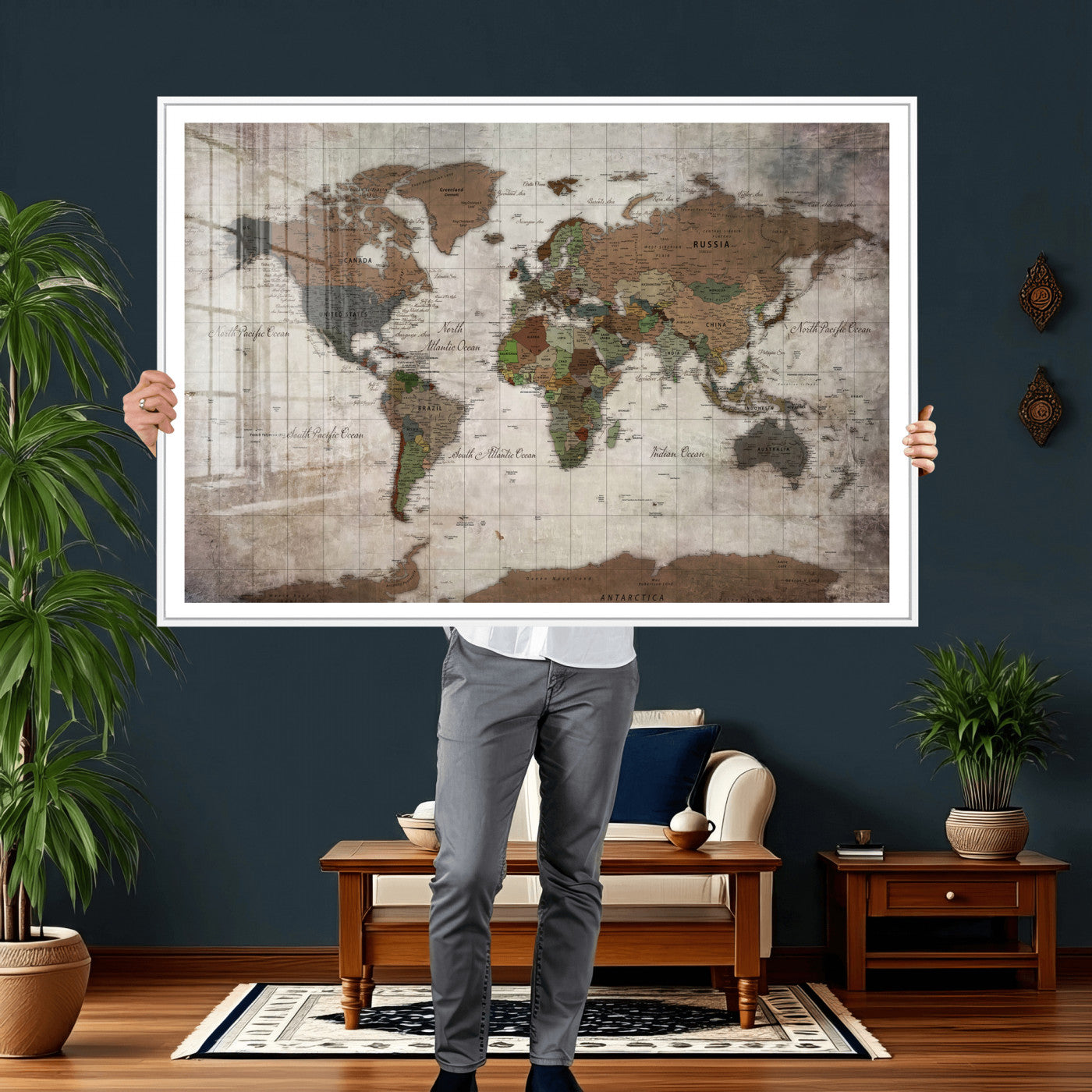 65393892-MGV-CV-36X24 - World Map Wall Art Canvas Print, Modern Decorative Framed Map Artwork Prints for Living Room, Office, Bedroom Wall Decor