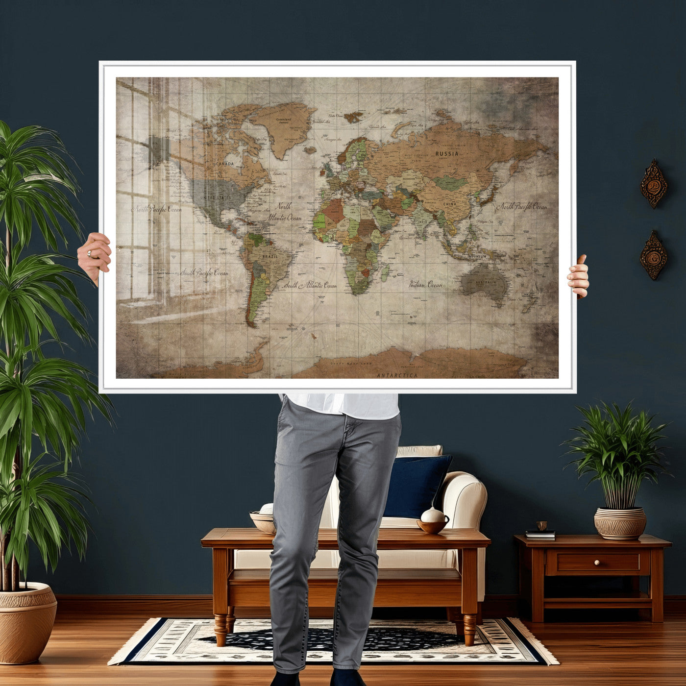 20356264-MGV-CV-36X24 - World Map Wall Art Canvas Print, Modern Decorative Framed Map Artwork Prints for Living Room, Office, Bedroom Wall Decor