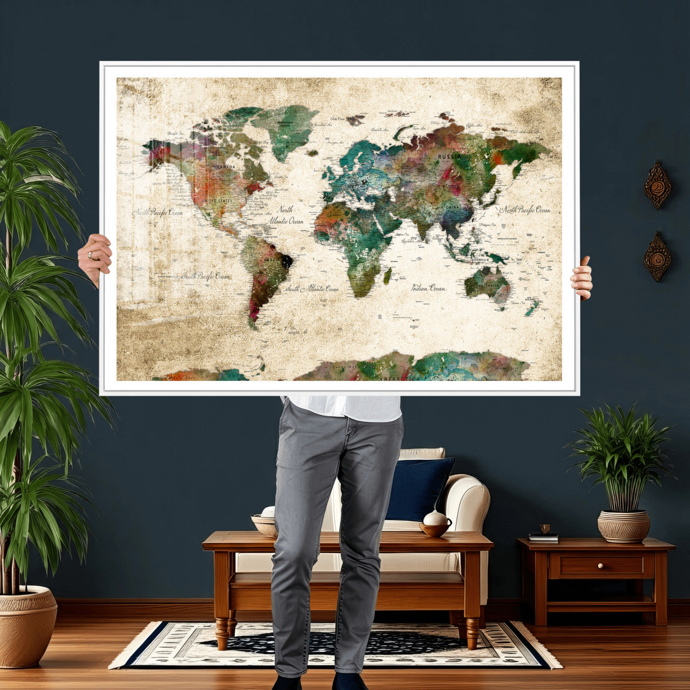 87544591-MGV-CV-36X24 - World Map Wall Art Canvas Print, Modern Decorative Framed Map Artwork Prints for Living Room, Office, Bedroom Wall Decor