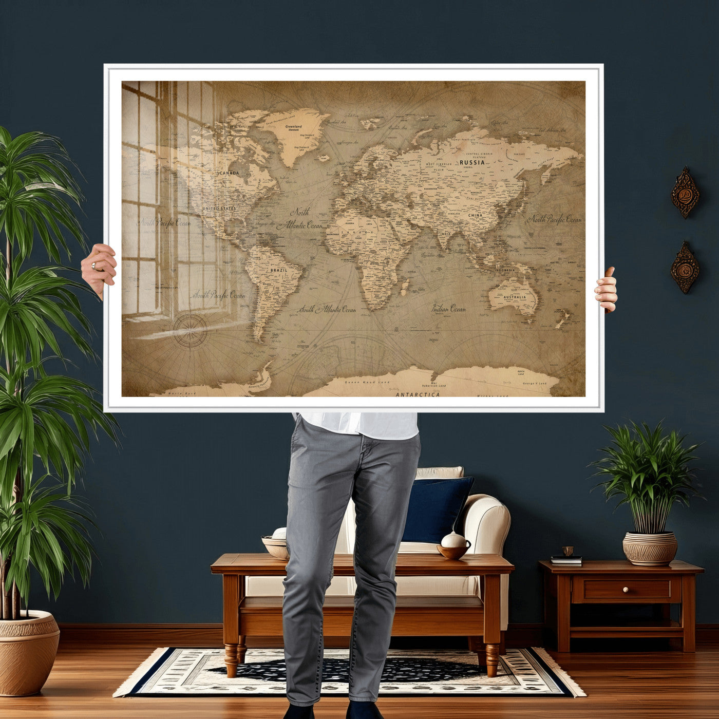 49946617-MGV-CV-36X24 - World Map Wall Art Canvas Print, Modern Decorative Framed Map Artwork Prints for Living Room, Office, Bedroom Wall Decor