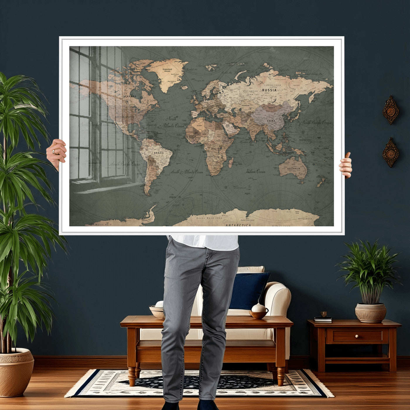 84619399-MGV-CV-36X24 - World Map Wall Art Canvas Print, Modern Decorative Framed Map Artwork Prints for Living Room, Office, Bedroom Wall Decor