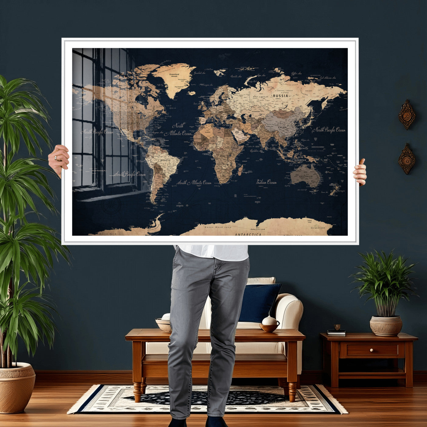 53971530-MGV-CV-36X24 - World Map Wall Art Canvas Print, Modern Decorative Framed Map Artwork Prints for Living Room, Office, Bedroom Wall Decor