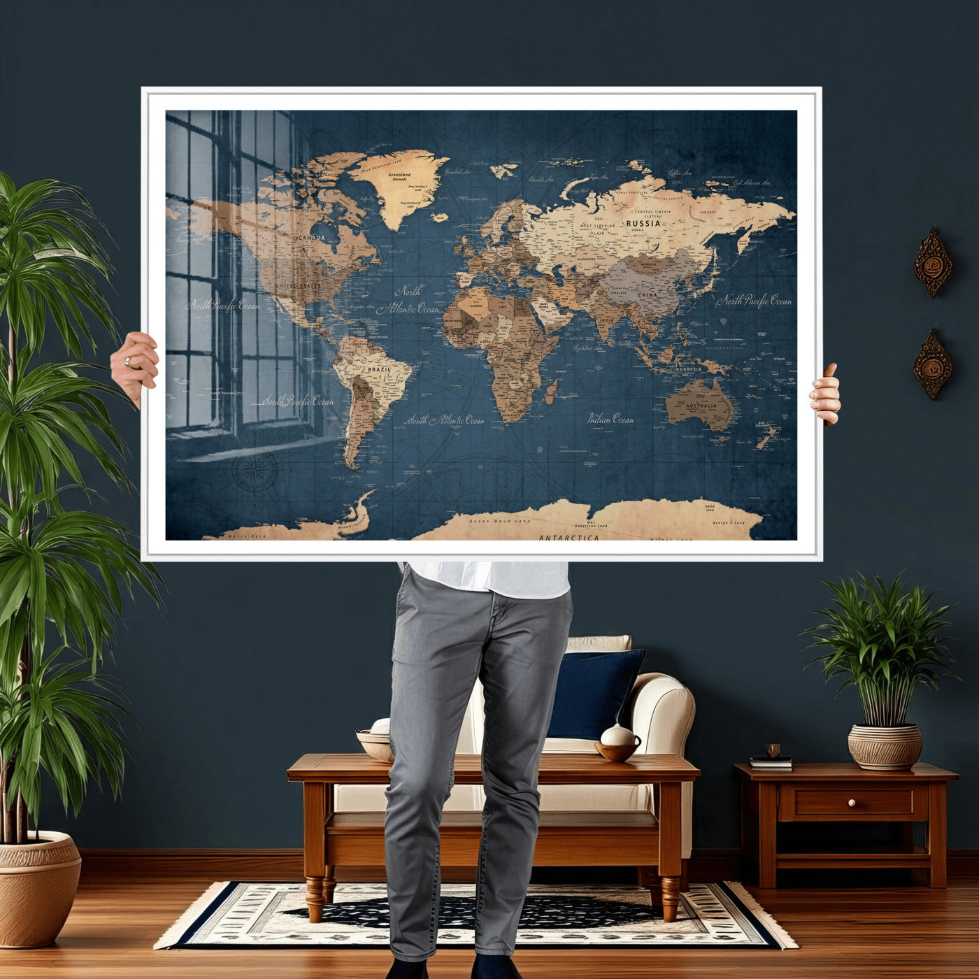 69886352-MGV-CV-36X24 - World Map Wall Art Canvas Print, Modern Decorative Framed Map Artwork Prints for Living Room, Office, Bedroom Wall Decor