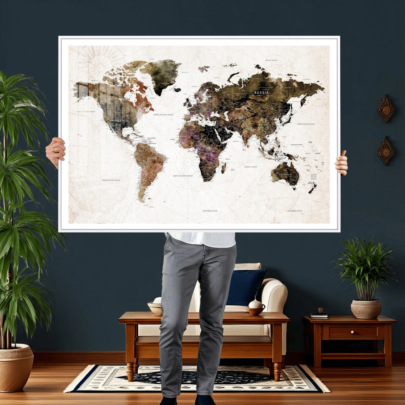 77651968-MGV-CV-36X24 - World Map Wall Art Canvas Print, Modern Decorative Framed Map Artwork Prints for Living Room, Office, Bedroom Wall Decor