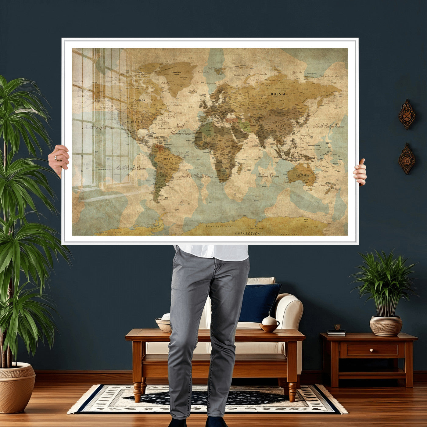 89356927-MGV-CV-36X24 - World Map Wall Art Canvas Print, Modern Decorative Framed Map Artwork Prints for Living Room, Office, Bedroom Wall Decor