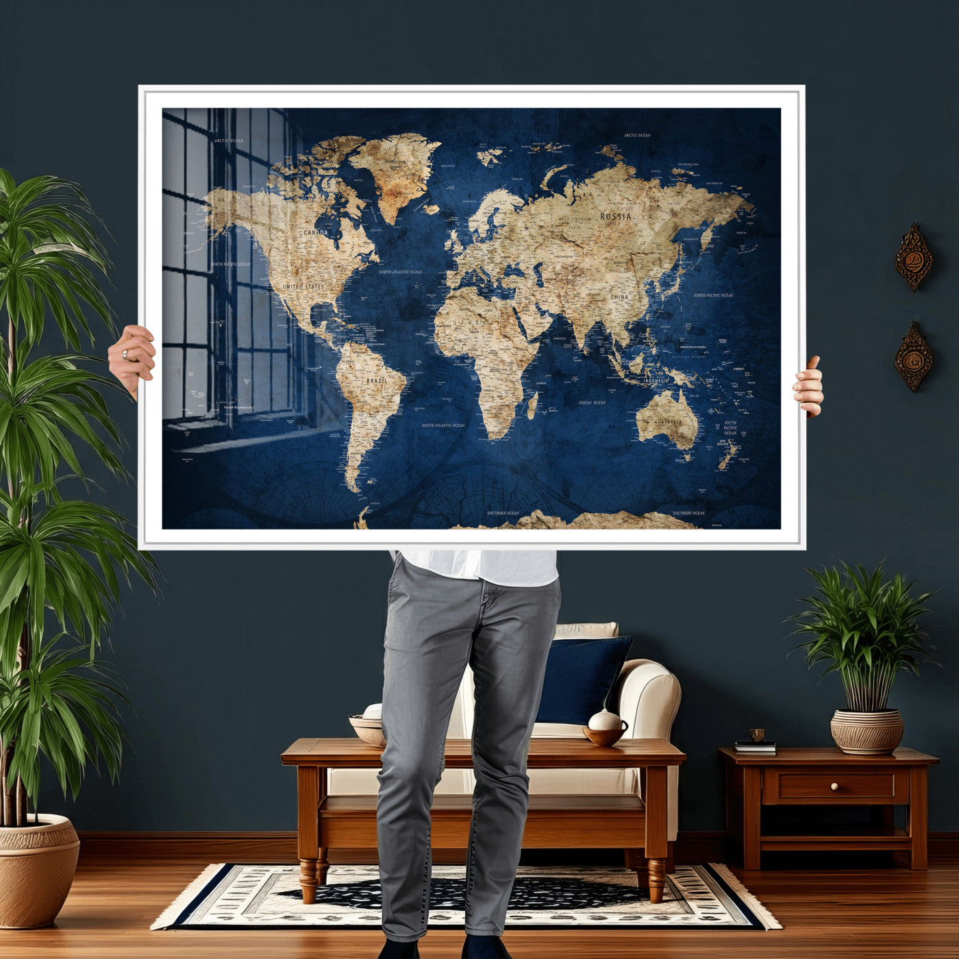 57503519-MGV-CV-36X24 - World Map Wall Art Canvas Print, Modern Decorative Framed Map Artwork Prints for Living Room, Office, Bedroom Wall Decor