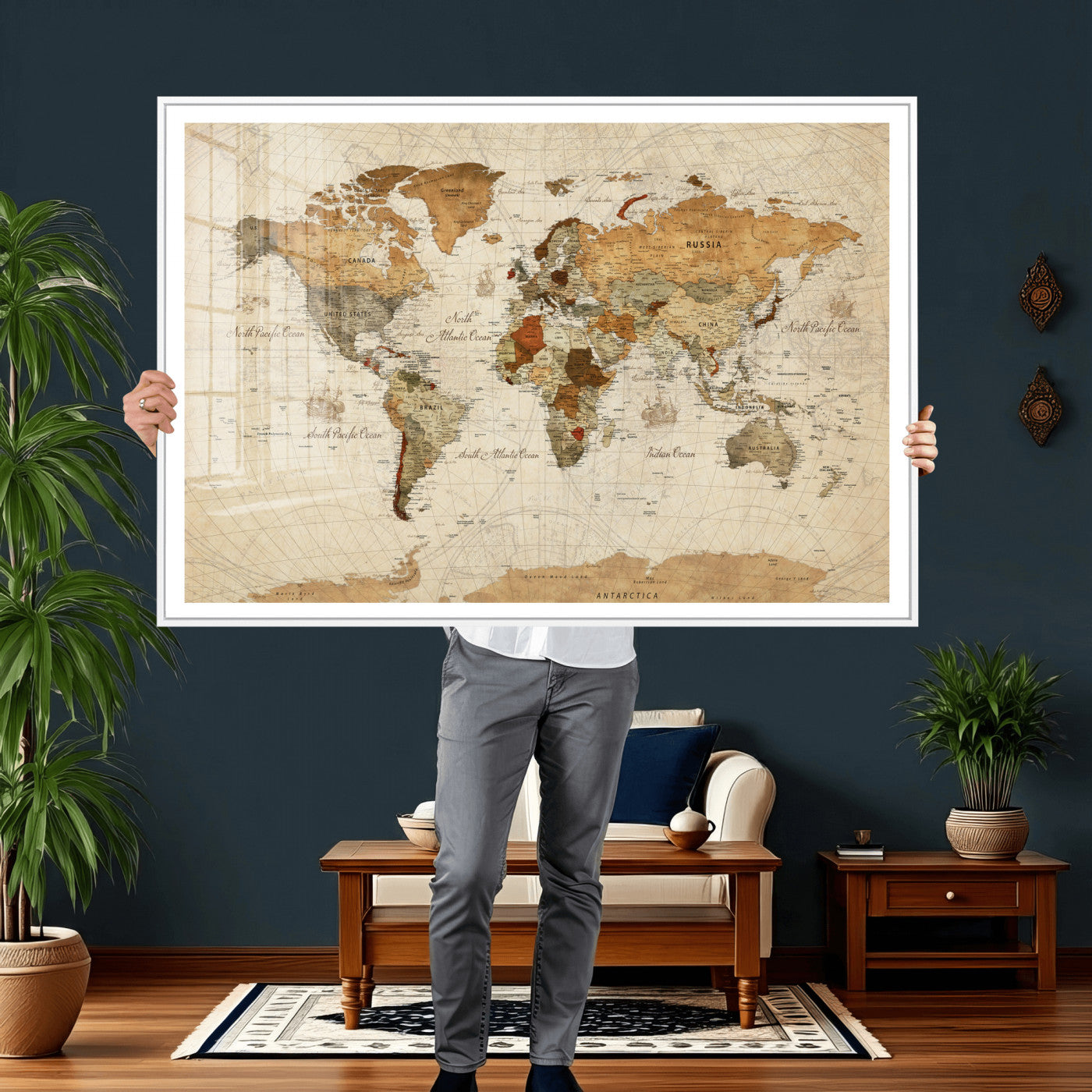 30704397-MGV-CV-36X24 - World Map Wall Art Canvas Print, Modern Decorative Framed Map Artwork Prints for Living Room, Office, Bedroom Wall Decor