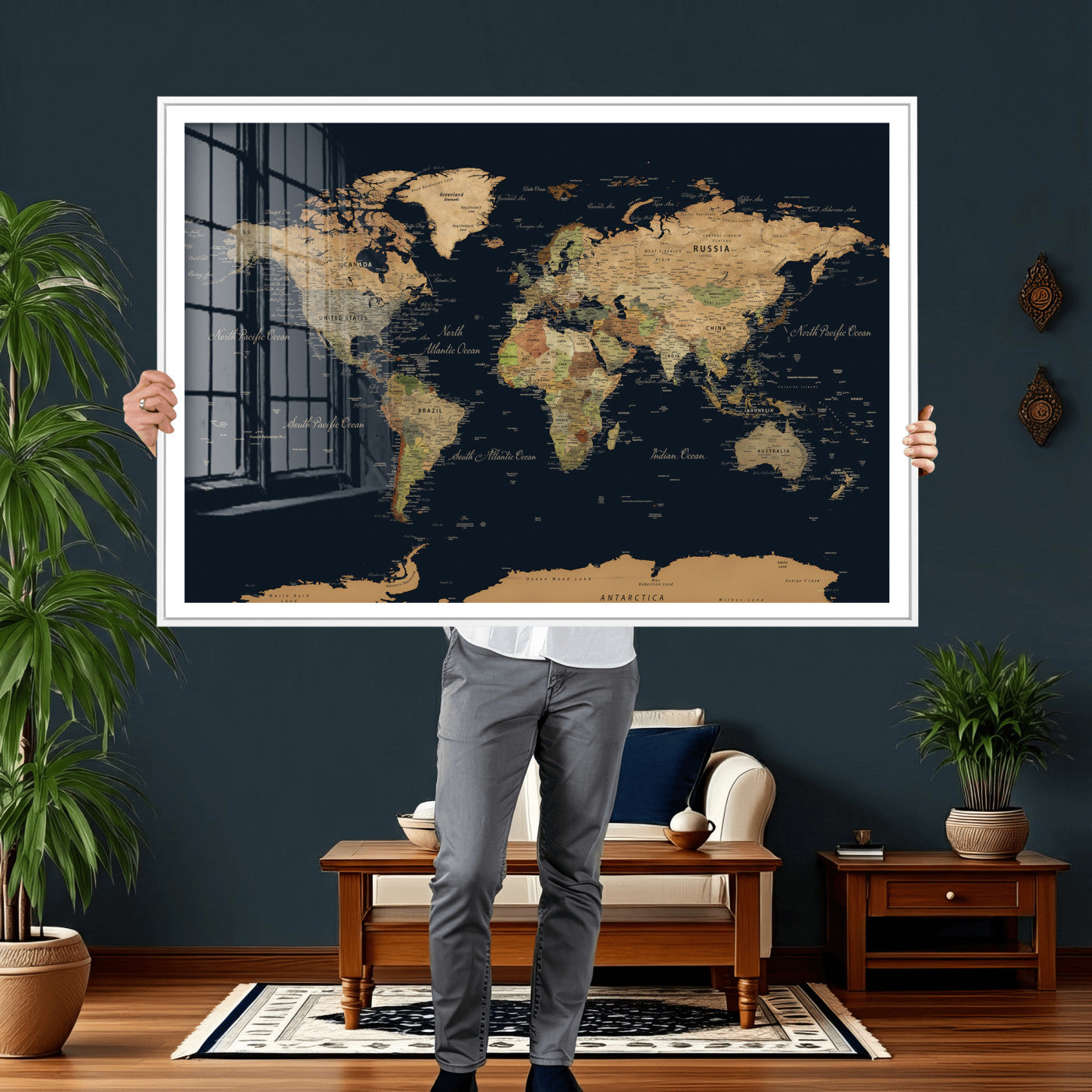 94449133-MGV-CV-36X24 - World Map Wall Art Canvas Print, Modern Decorative Framed Map Artwork Prints for Living Room, Office, Bedroom Wall Decor