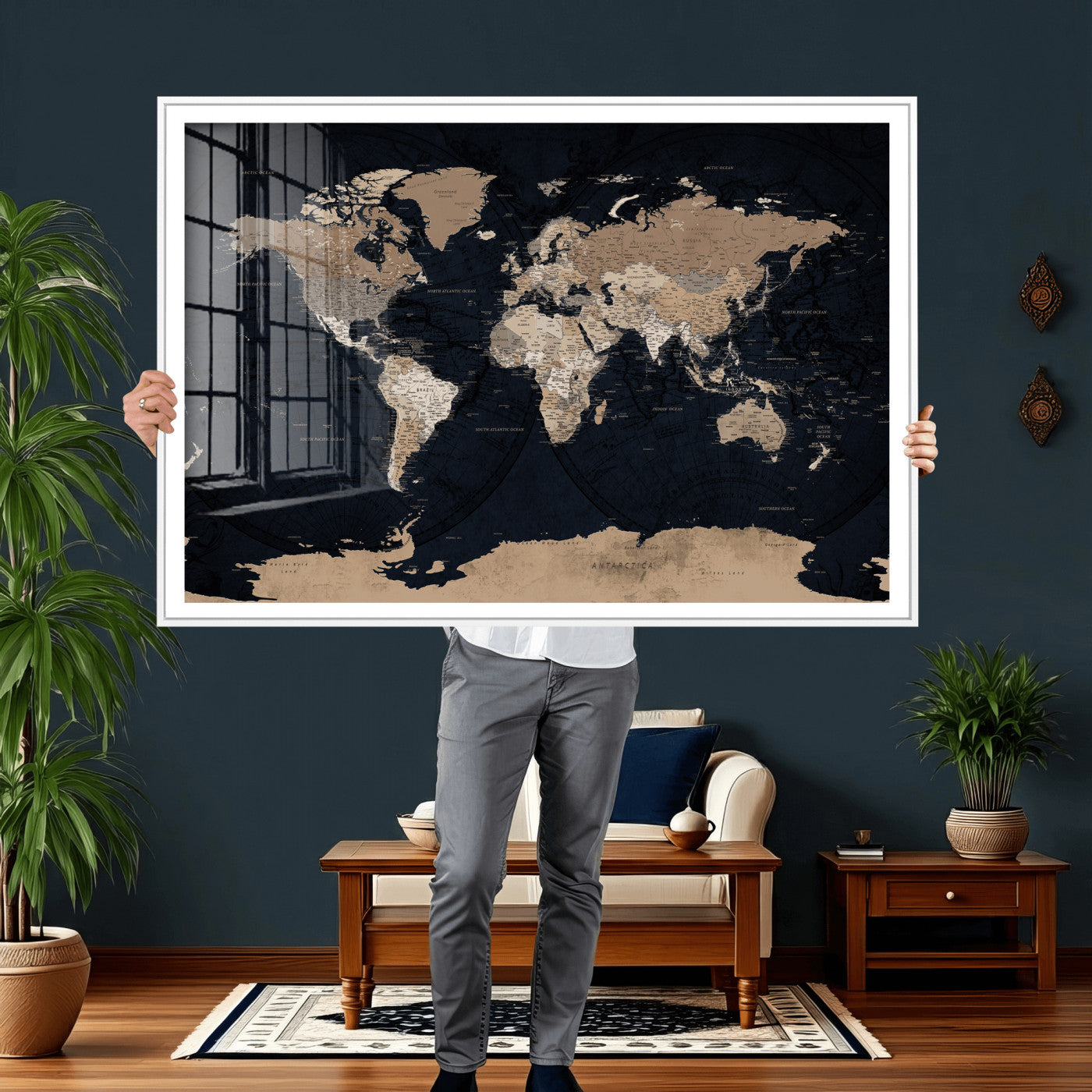 25812727-MGV-CV-36X24 - World Map Wall Art Canvas Print, Modern Decorative Framed Map Artwork Prints for Living Room, Office, Bedroom Wall Decor
